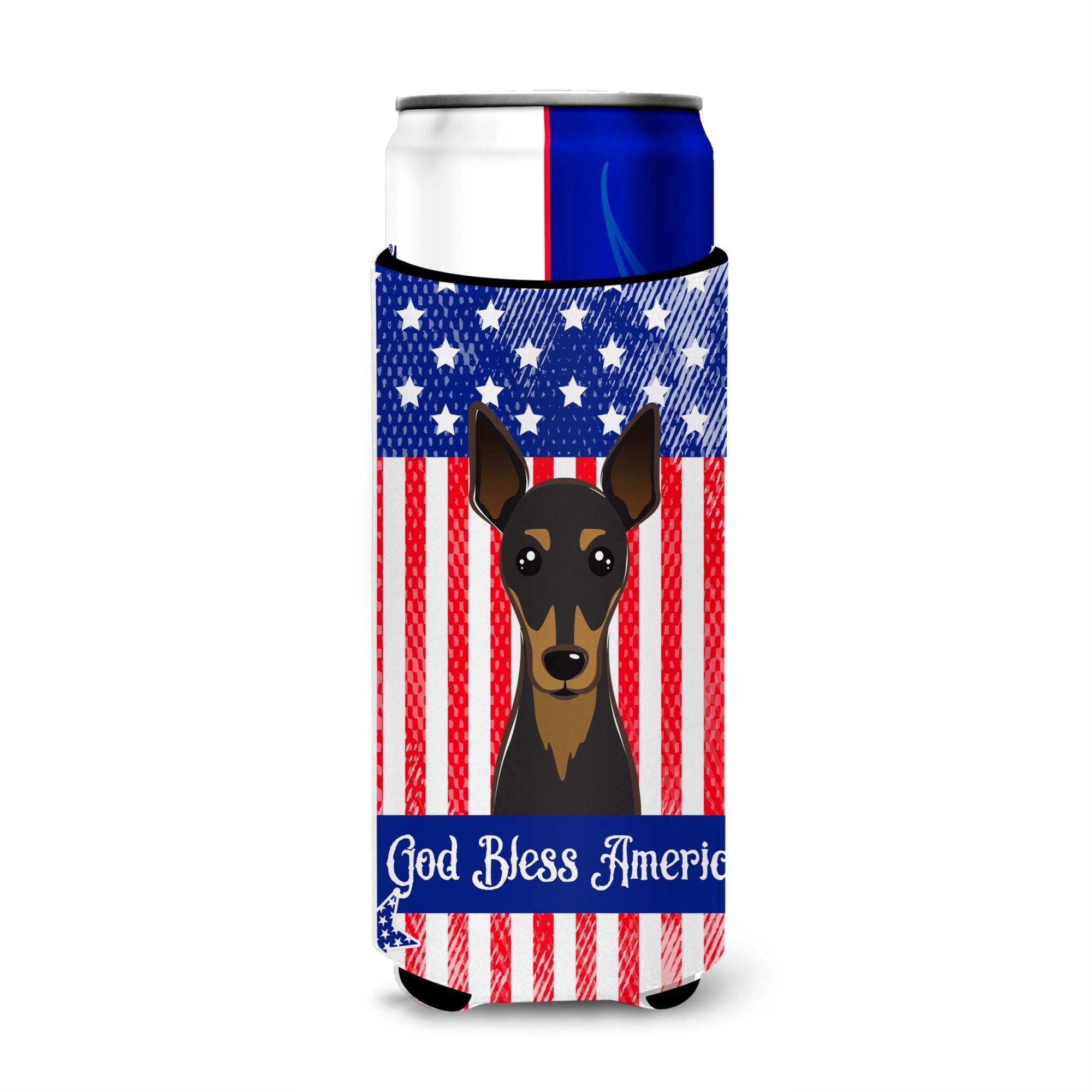 Caroline'S Treasures Bb2170Muk God Bless American Flag With Min Pin Michelob Ultra Koozies For Slim Cans, Multicolor