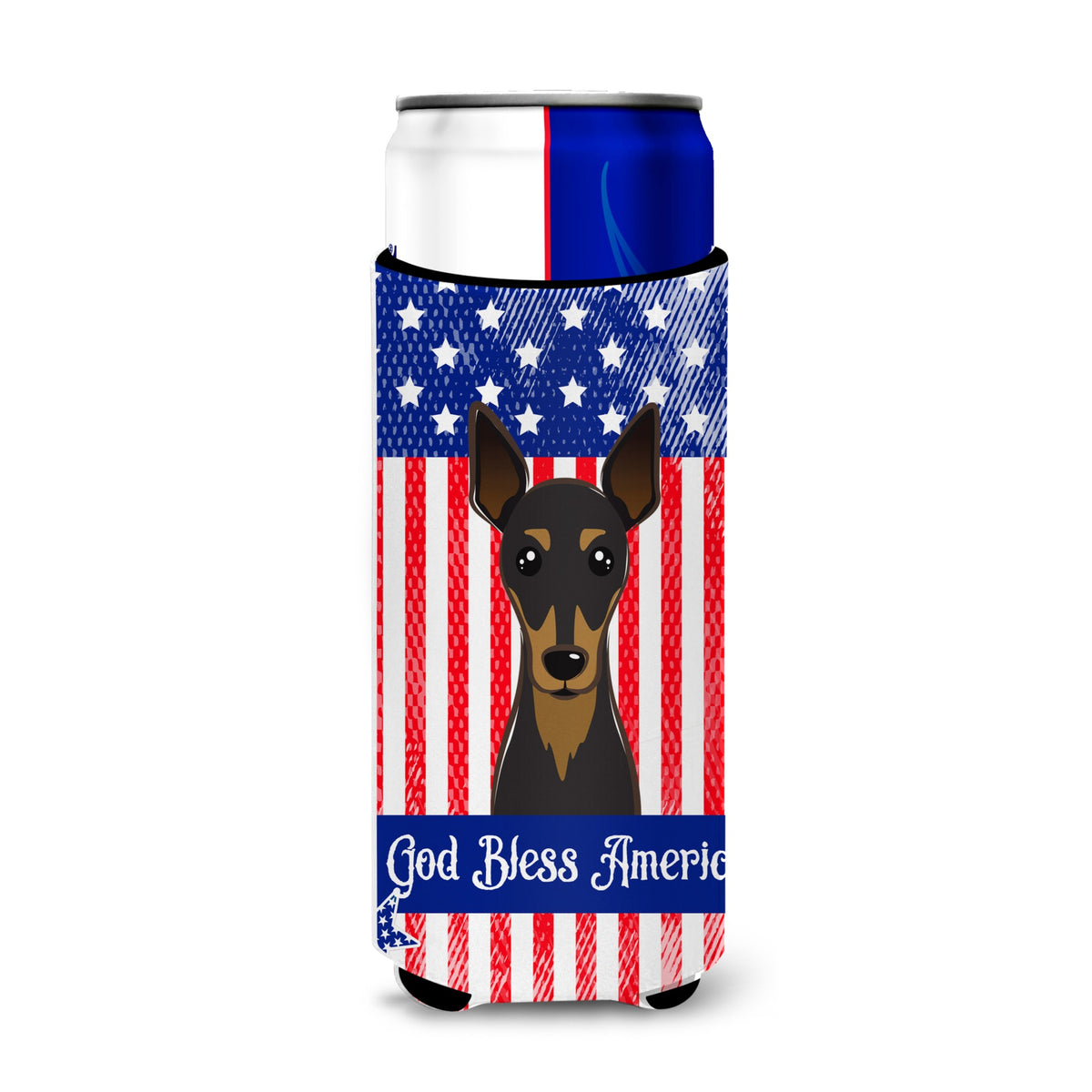 Caroline'S Treasures Bb2170Muk God Bless American Flag With Min Pin Michelob Ultra Koozies For Slim Cans, Multicolor