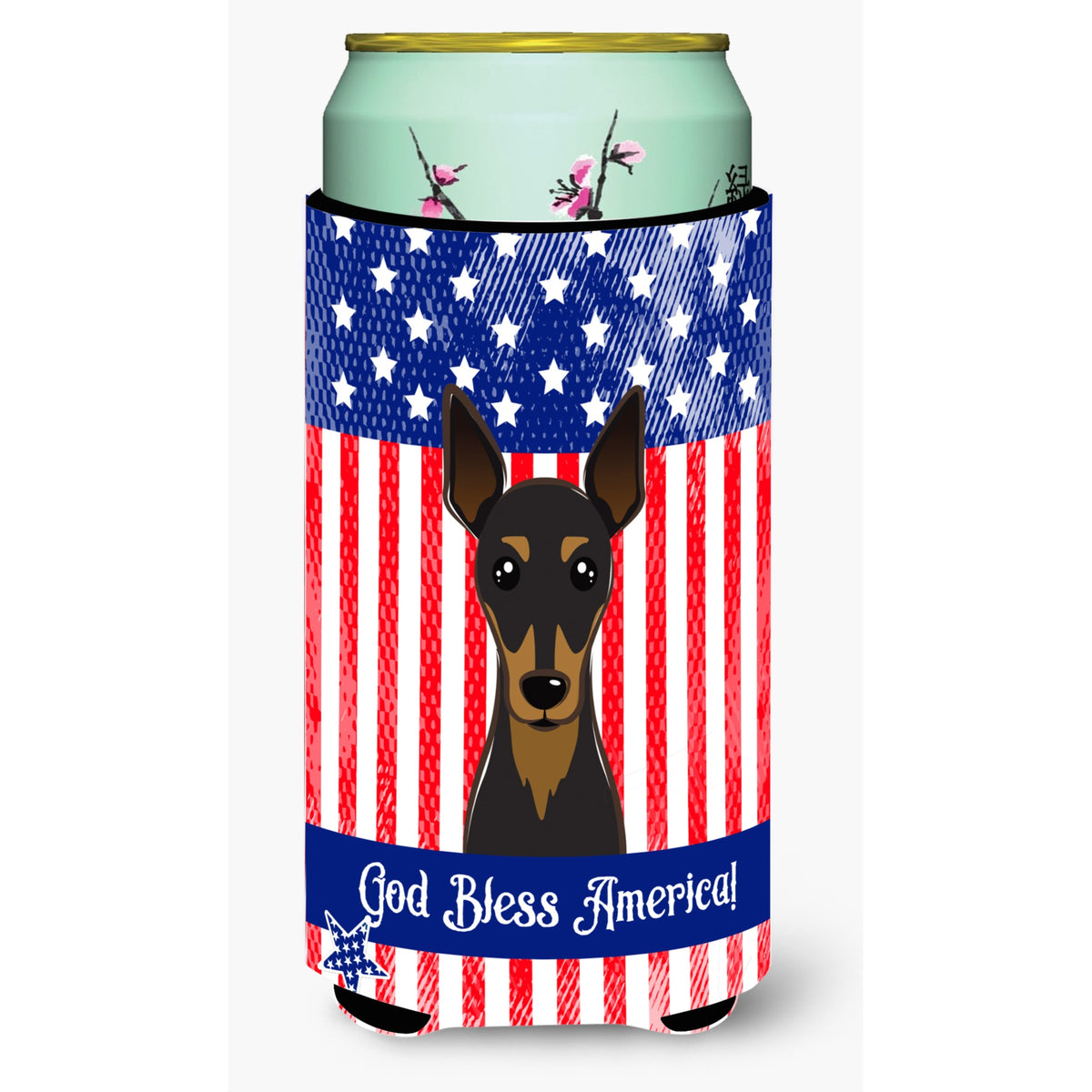 Caroline'S Treasures Bb2170Tbc God Bless American Flag With Min Pin Tall Boy Hugger Koozie, Multicolor