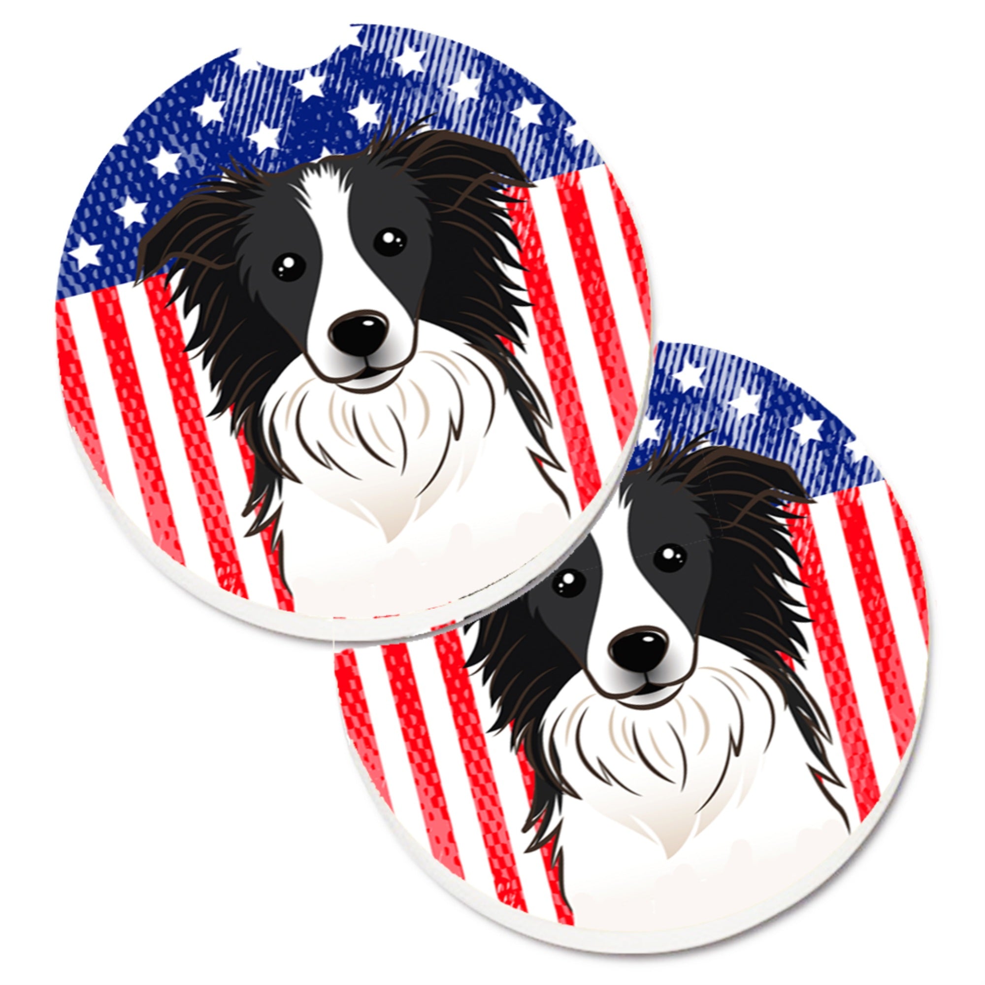 Caroline'S Treasures American Flag & Border Collie Set Of 2 Cup Holder Car Coasters Bb2171Carc, 2.56, Multicolor