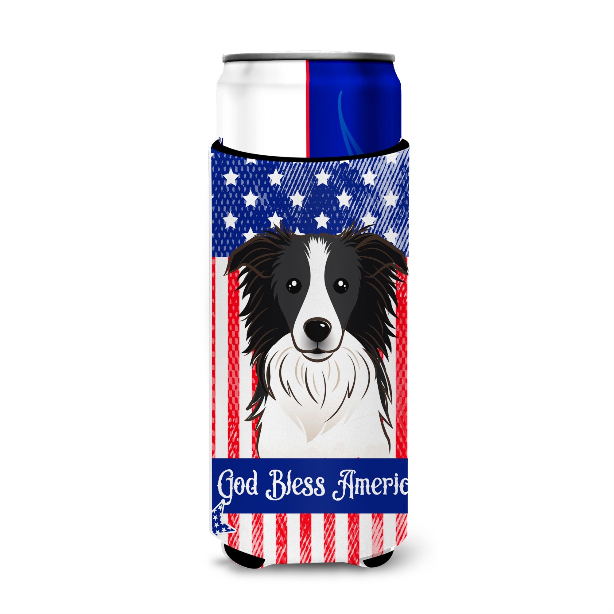 Caroline'S Treasures Bb2171Muk God Bless American Flag With Border Collie Michelob Ultra Koozies For Slim Cans, Multicolor