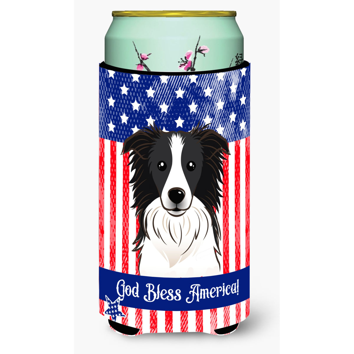 Caroline'S Treasures Bb2171Tbc God Bless American Flag With Border Collie Tall Boy Hugger Koozie, Multicolor