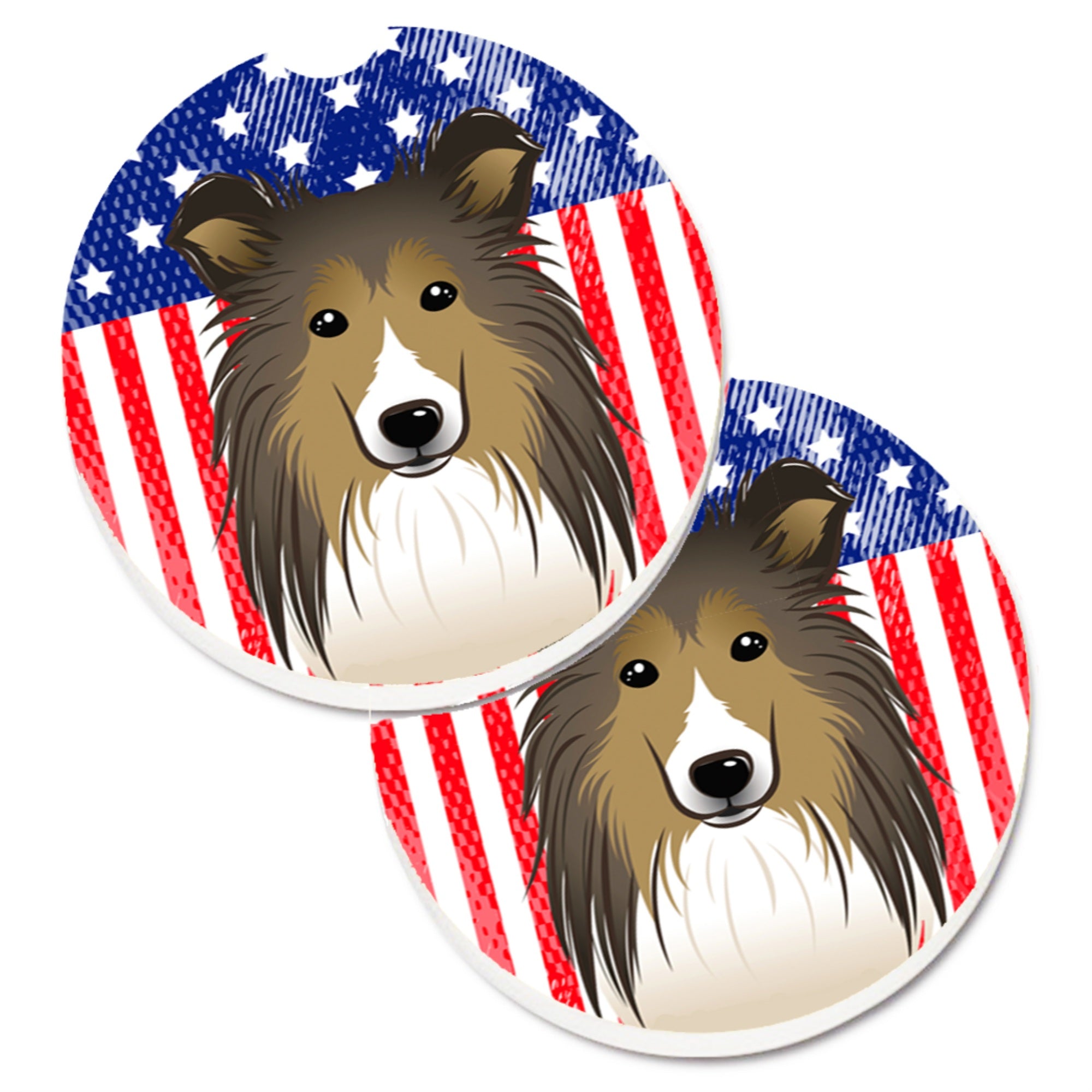 Caroline'S Treasures American Flag & Sheltie Set Of 2 Cup Holder Car Coasters Bb2172Carc, 2.56, Multicolor