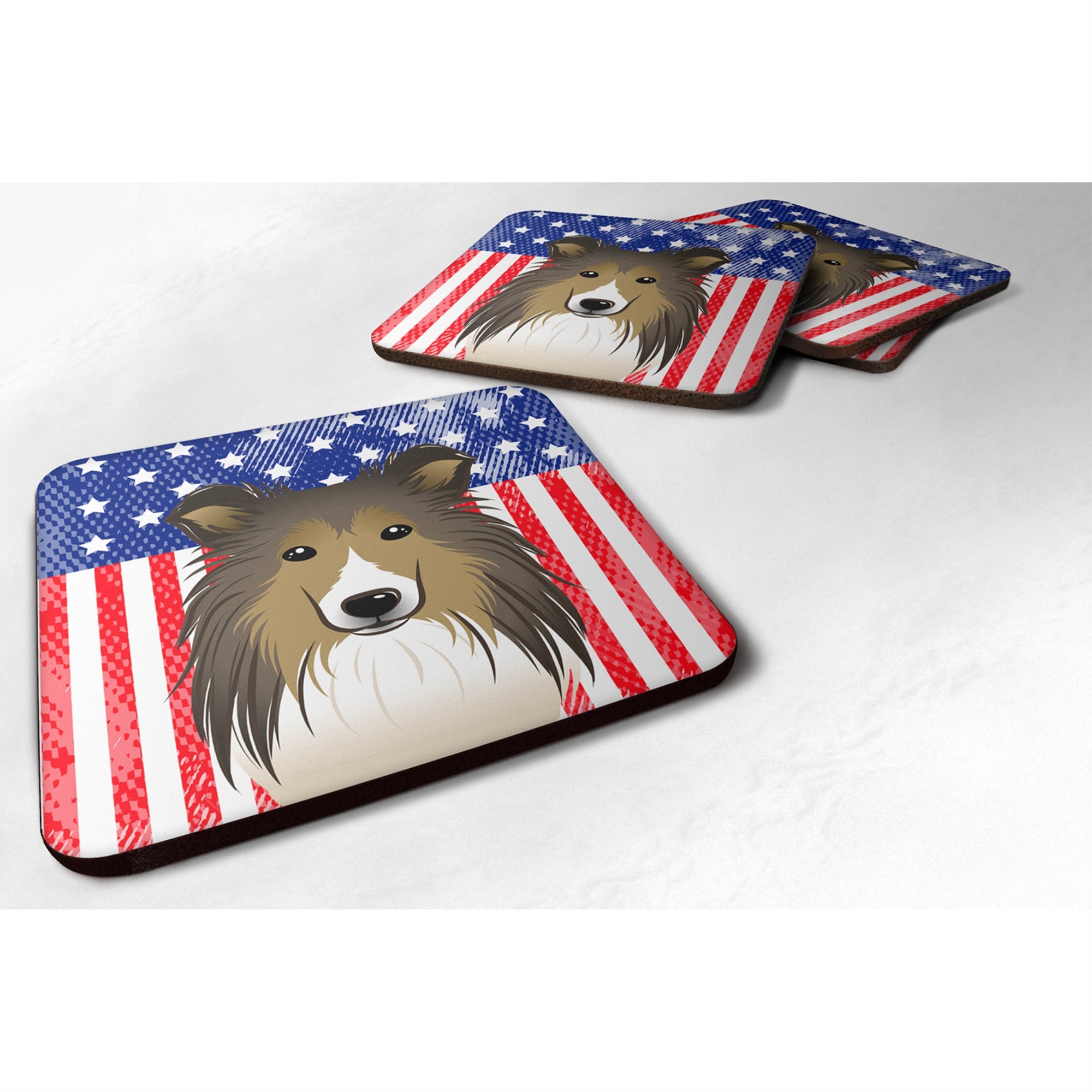 Caroline'S Treasures Bb2172Fc American Flag And Sheltie Foam Coaster (Set Of 4), 3.5, Multicolor