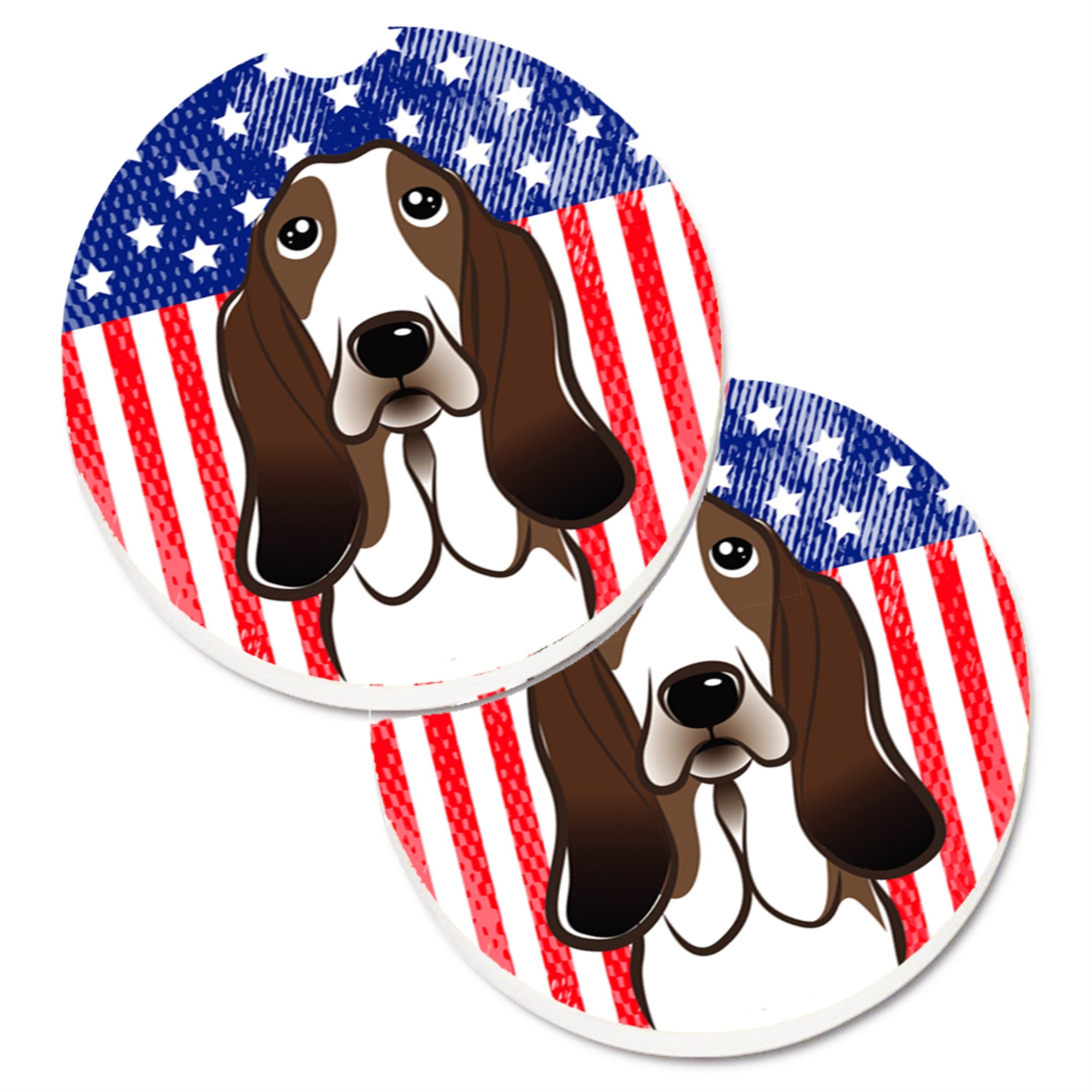 Caroline'S Treasures American Flag & Basset Hound Set Of 2 Cup Holder Car Coasters Bb2173Carc, 2.56, Multicolor