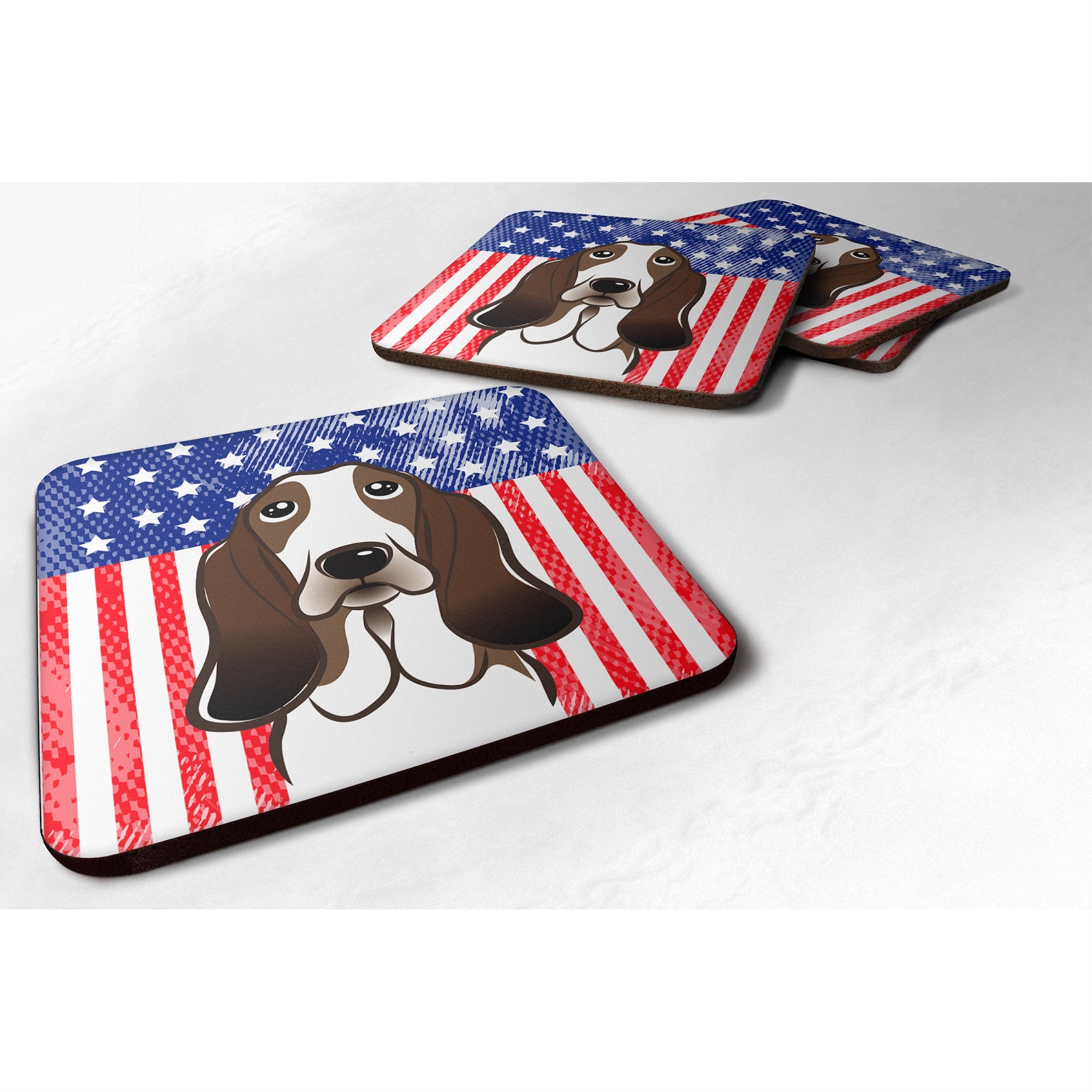 Caroline'S Treasures Bb2173Fc American Flag And Basset Hound Foam Coaster (Set Of 4), 3.5, Multicolor