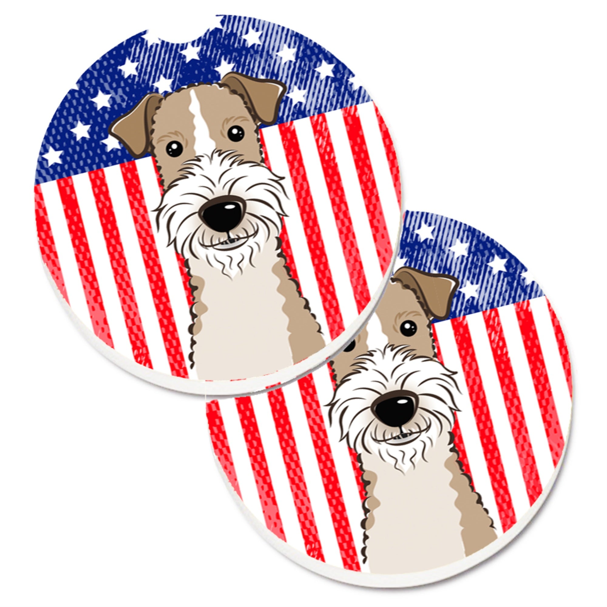 Caroline'S Treasures American Flag & Wire Haired Fox Terrier Set Of 2 Cup Holder Car Coasters Bb2177Carc, 2.56, Multicolor