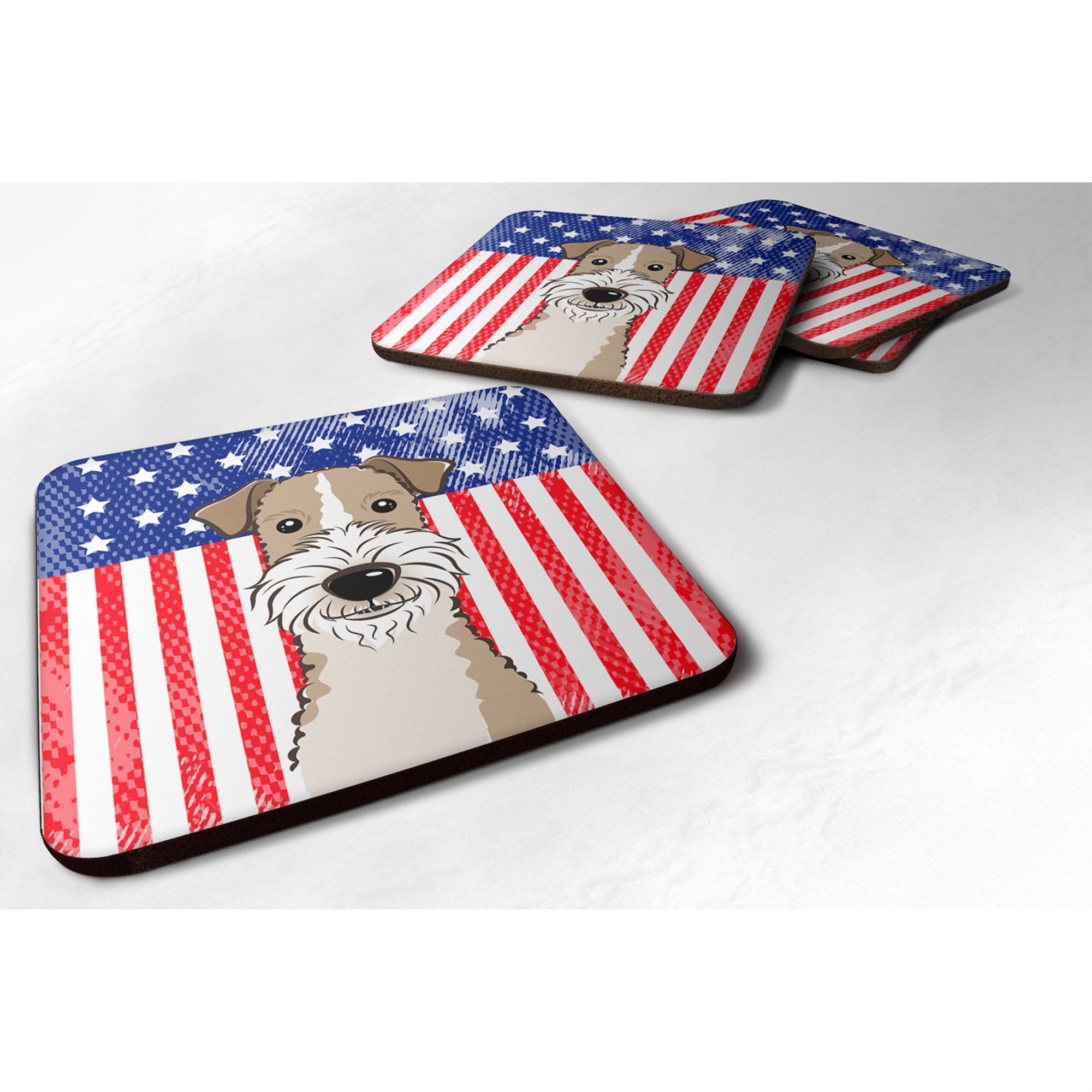 Caroline'S Treasures Bb2177Fc American Flag And Wire Haired Fox Terrier Foam Coaster (Set Of 4), 3.5, Multicolor