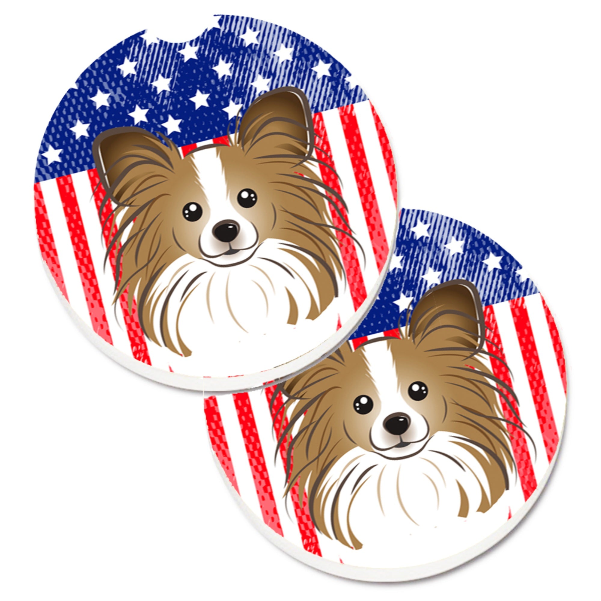 Caroline'S Treasures American Flag & Papillon Set Of 2 Cup Holder Car Coasters Bb2178Carc, 2.56, Multicolor