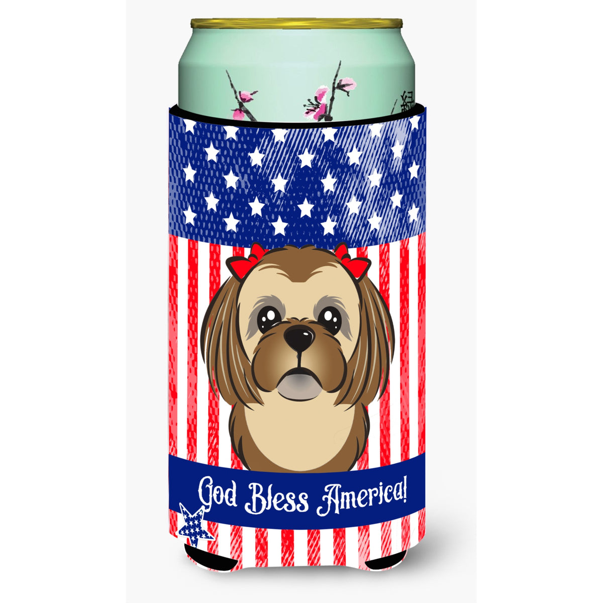 Caroline'S Treasures Bb2179Tbc God Bless American Flag With Chocolate Brown Shih Tzu Tall Boy Hugger Koozie, Multicolo