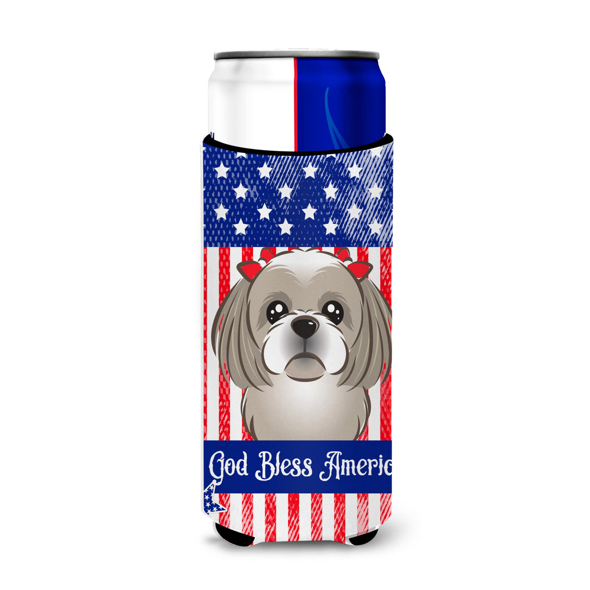 Caroline'S Treasures Bb2180Muk God Bless American Flag With Gray Silver Shih Tzu Michelob Ultra Koozies For Slim Cans, Mul