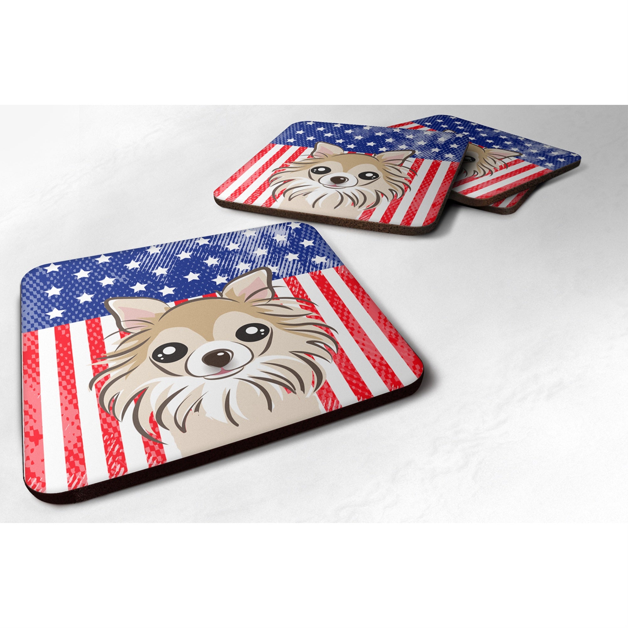 Caroline'S Treasures Bb2181Fc American Flag And Chihuahua Foam Coaster (Set Of 4), 3.5, Multicolor