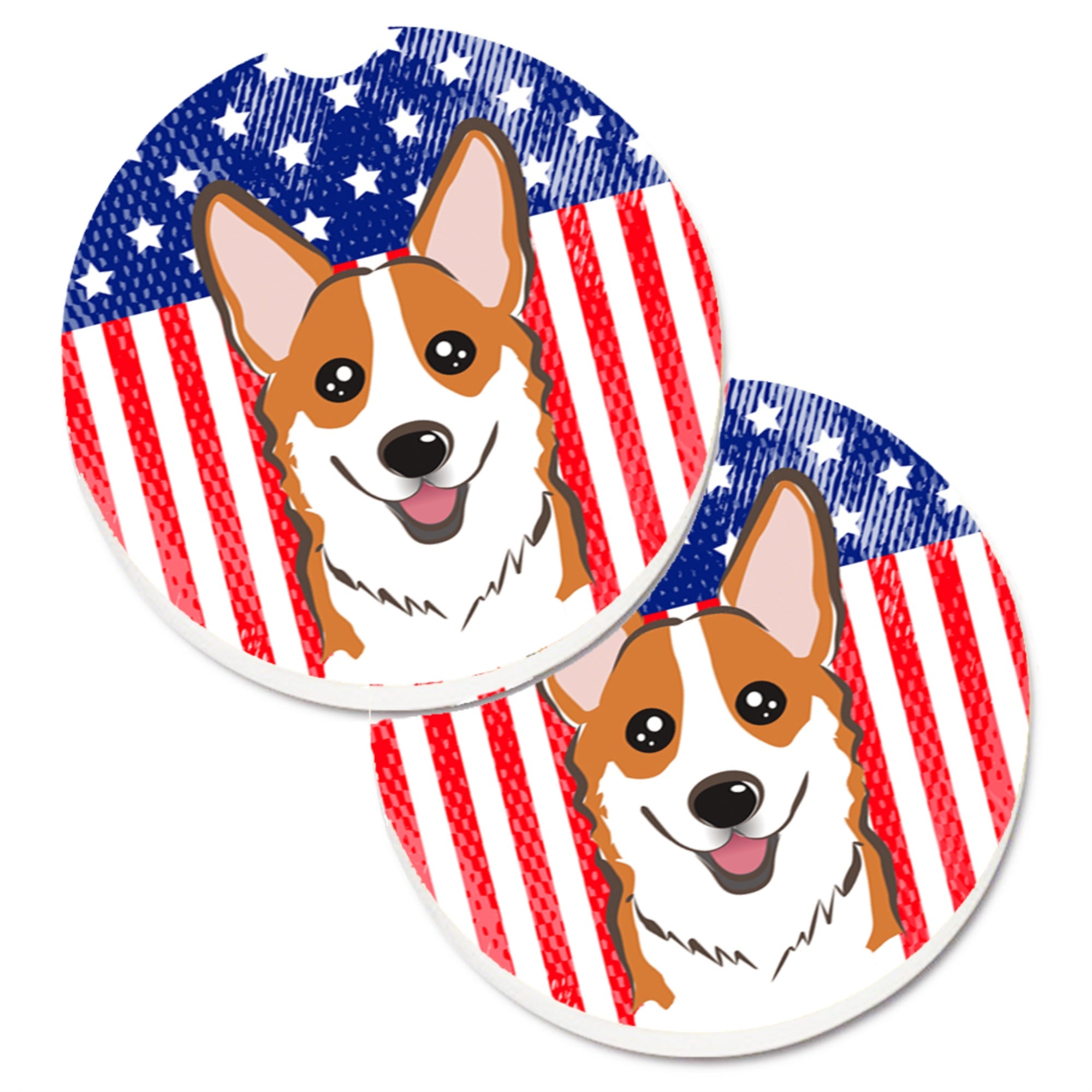 Caroline'S Treasures American Flag & Red Corgi Set Of 2 Cup Holder Car Coasters Bb2184Carc, 2.56, Multicolor