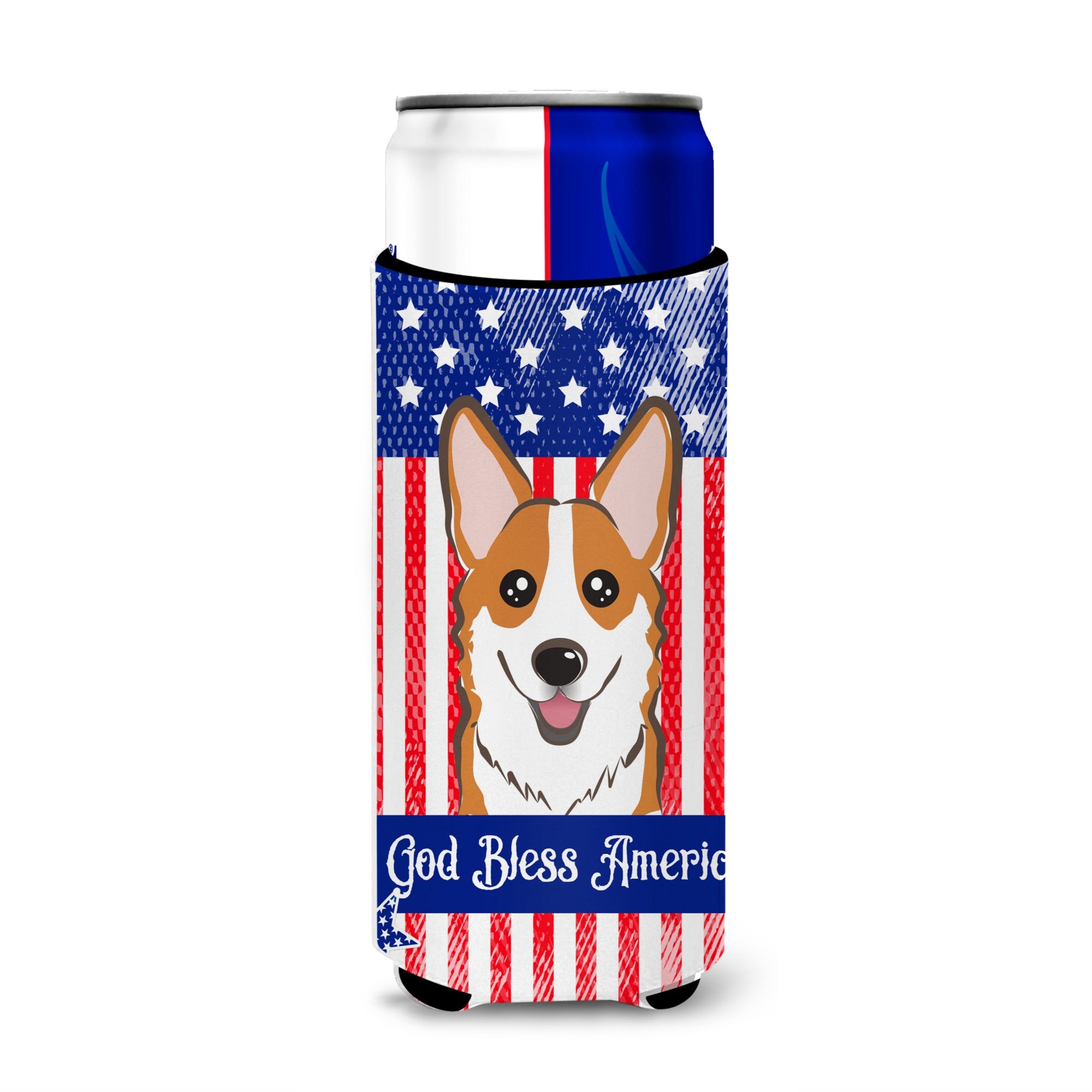 Caroline'S Treasures Bb2184Muk God Bless American Flag With Red Corgi Michelob Ultra Koozies For Slim Cans, Multicolor