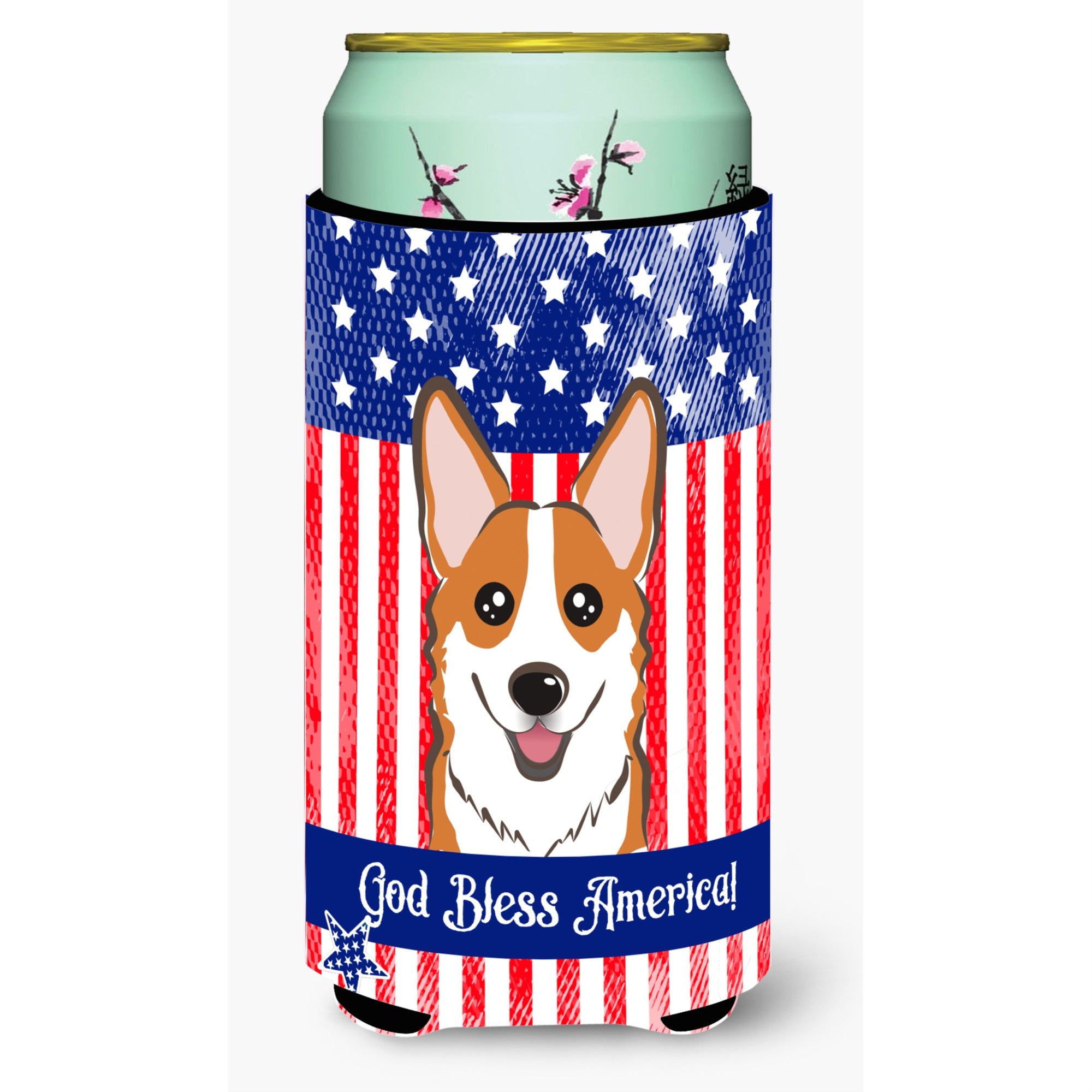 Caroline'S Treasures Bb2184Tbc God Bless American Flag With Red Corgi Tall Boy Hugger Koozie, Multicolor