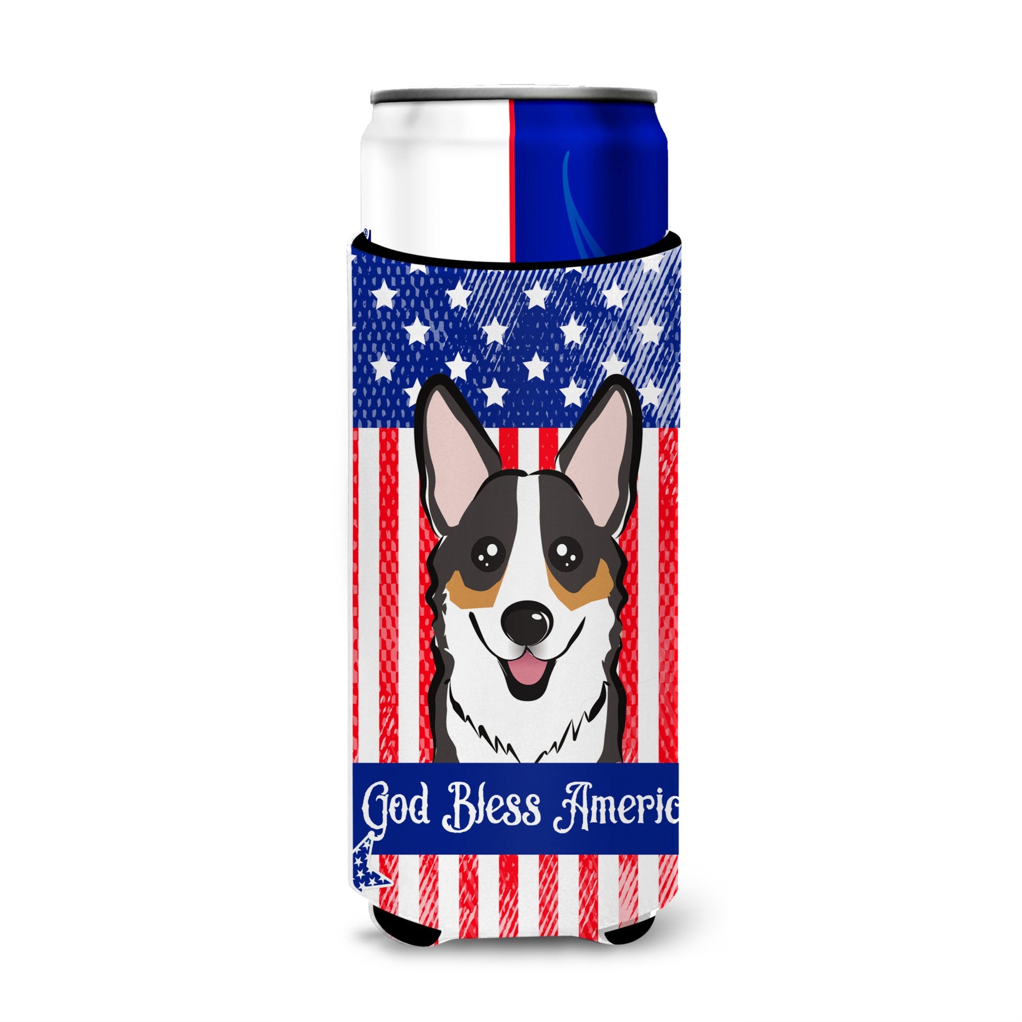 Caroline'S Treasures Bb2185Muk God Bless American Flag With Tricolor Corgi Michelob Ultra Koozies For Slim Cans, Multicolo