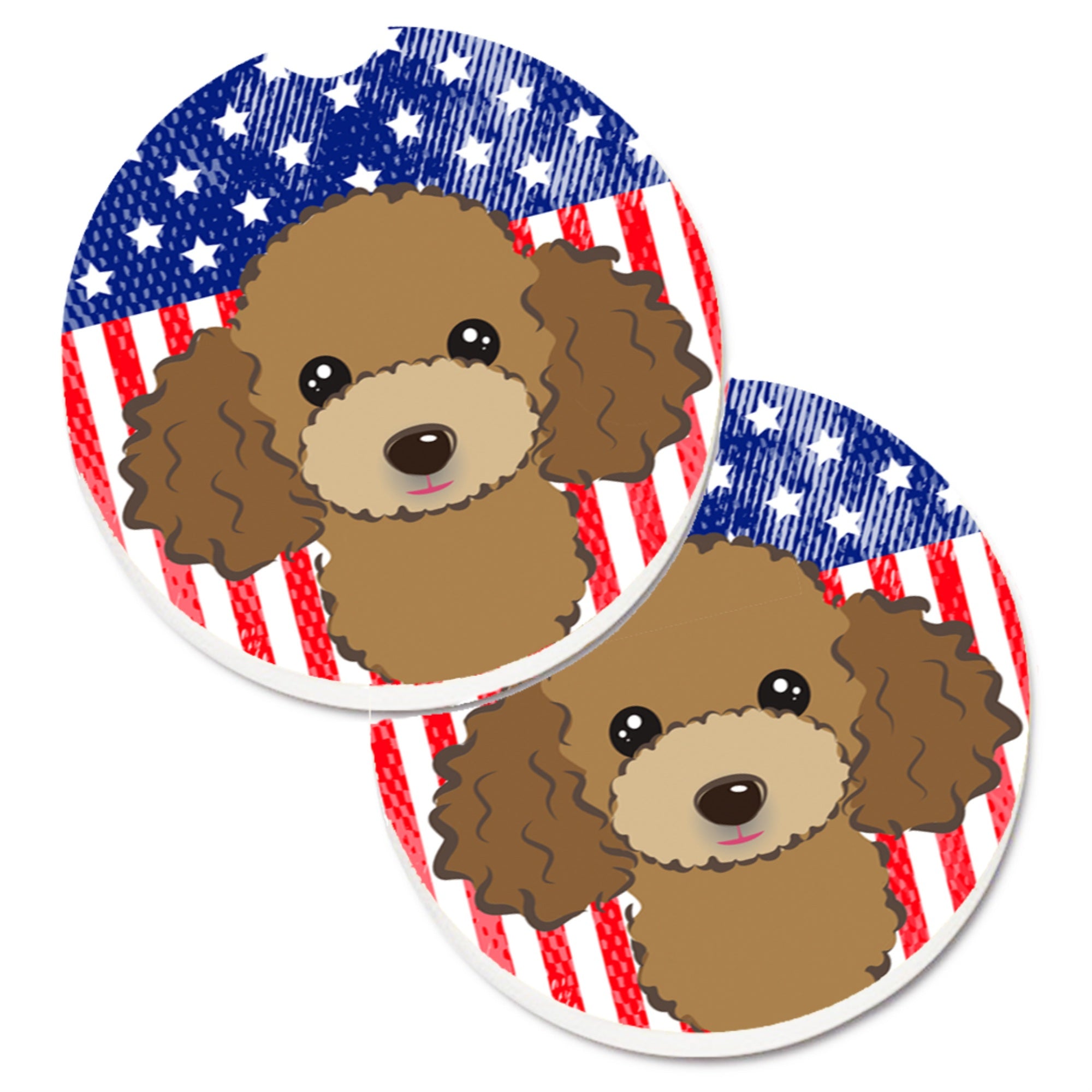 Caroline'S Treasures American Flag & Chocolate Brown Poodle Set Of 2 Cup Holder Car Coasters Bb2186Carc, 2.56, Multicolor
