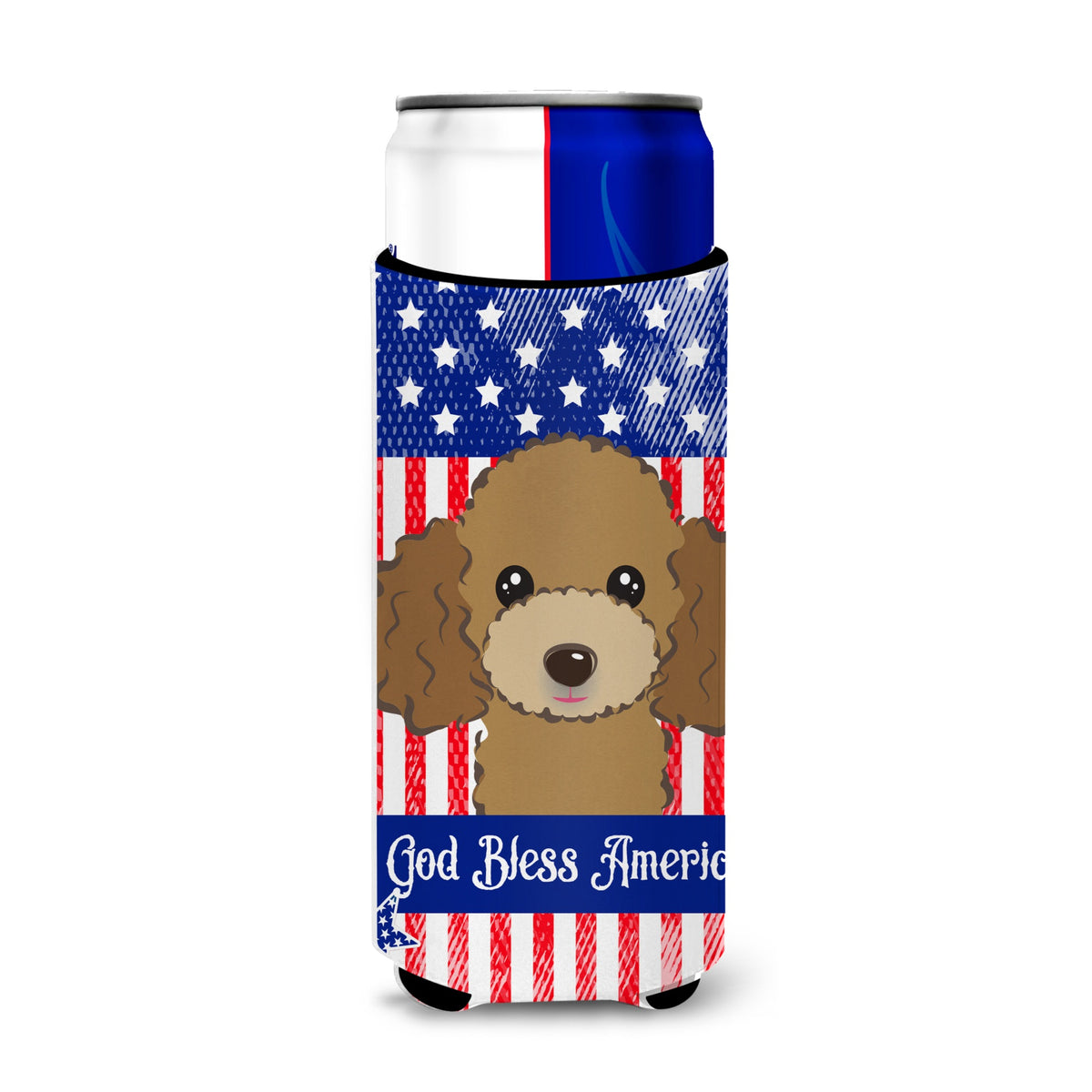 Caroline'S Treasures Bb2186Muk God Bless American Flag With Chocolate Brown Poodle Michelob Ultra Koozies For Slim Cans, M