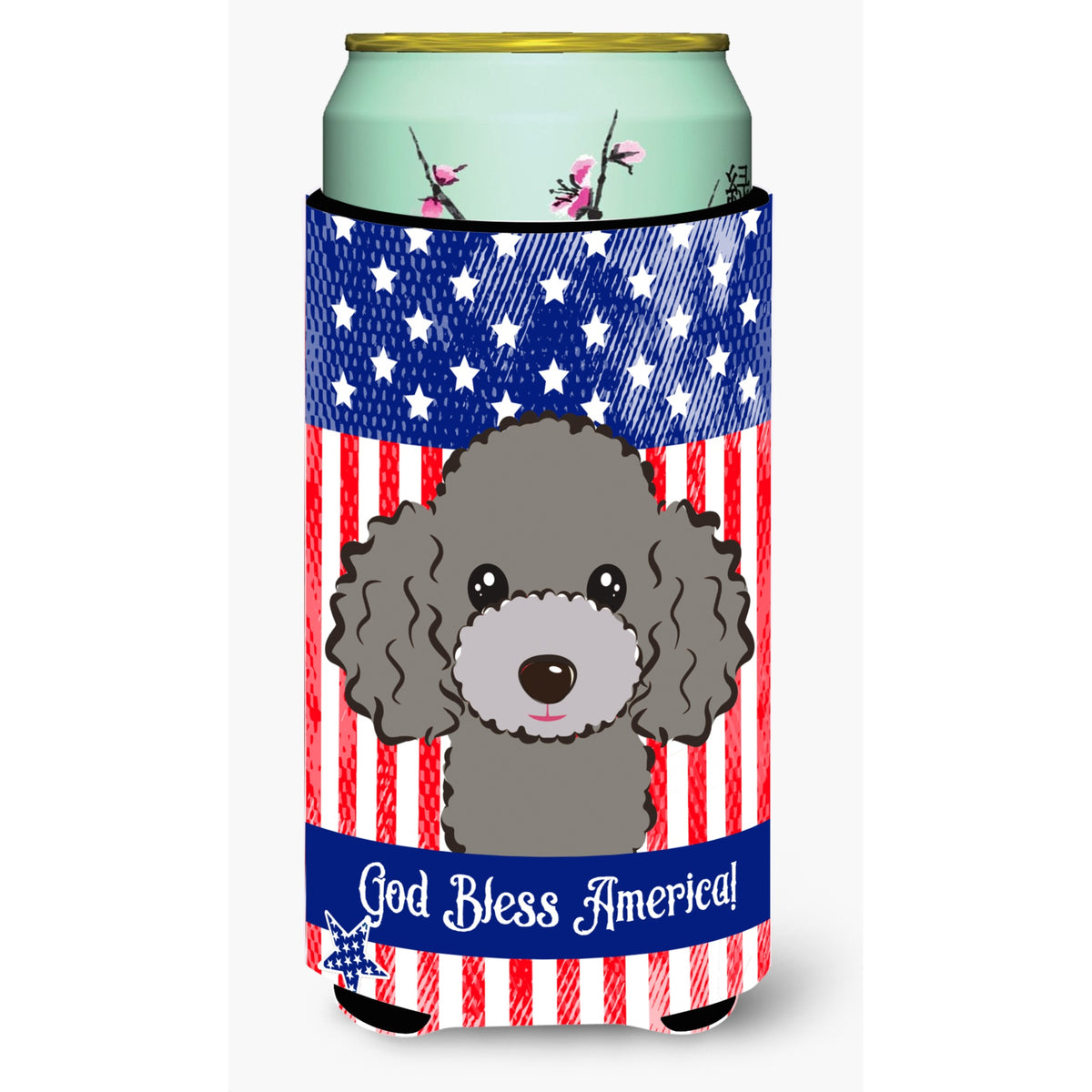 Caroline'S Treasures Bb2189Tbc God Bless American Flag With Silver Gray Poodle Tall Boy Hugger Koozie, Multicolor