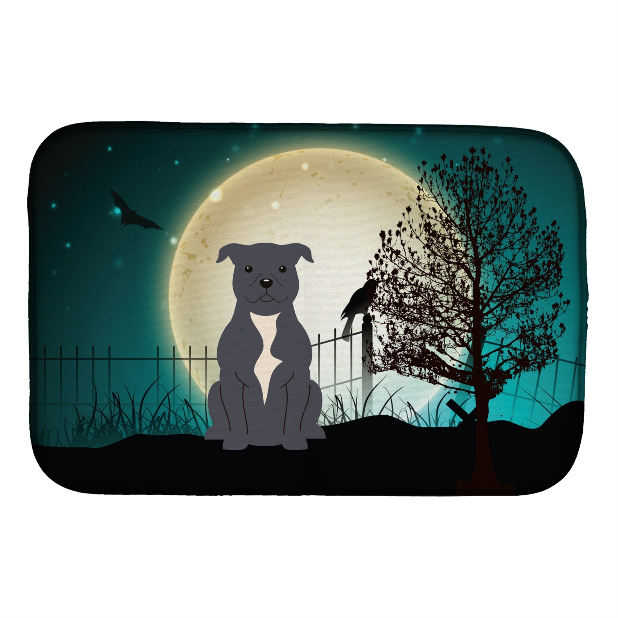 Caroline'S Treasures Halloween Scary Staffordshire Bull Terrier Blue Dish Drying Mat, 14 X 21