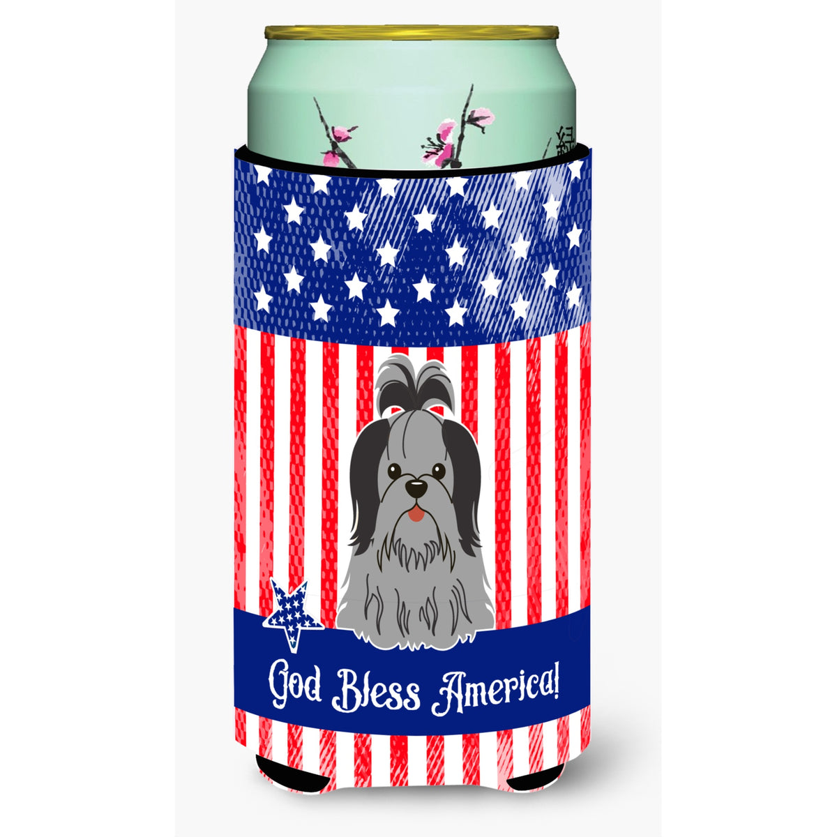 Caroline'S Treasures Bb3084Tbc Patriotic Usa Shih Tzu Black Silver Tall Boy Hugger Cold-Beverage-Koozies, Multicolor