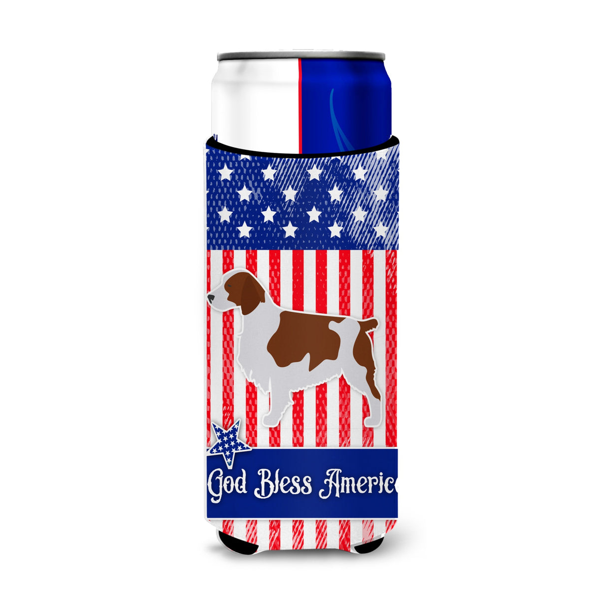 Caroline'S Treasures Usa Patriotic Welsh Springer Spaniel Michelob Ultra Hugger For Slim Cans, Slim Can, Multicolor