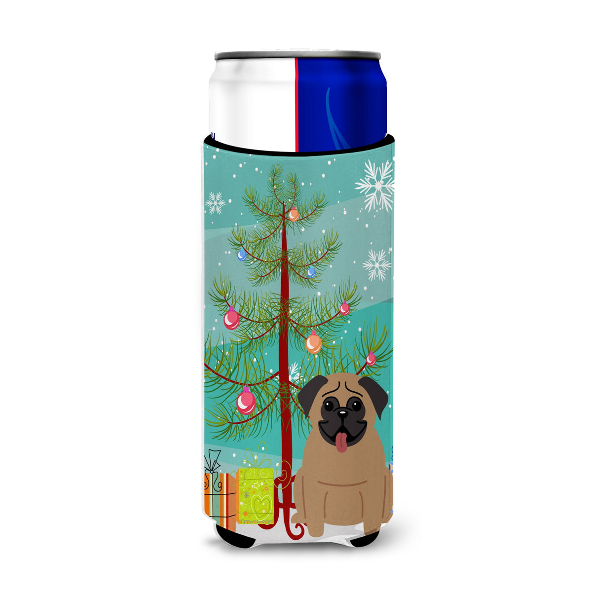 Caroline'S Treasures Bb4130Muk Merry Christmas Tree Pug Brown Michelob Ultra Hugger For Slim Cans, Multicolor
