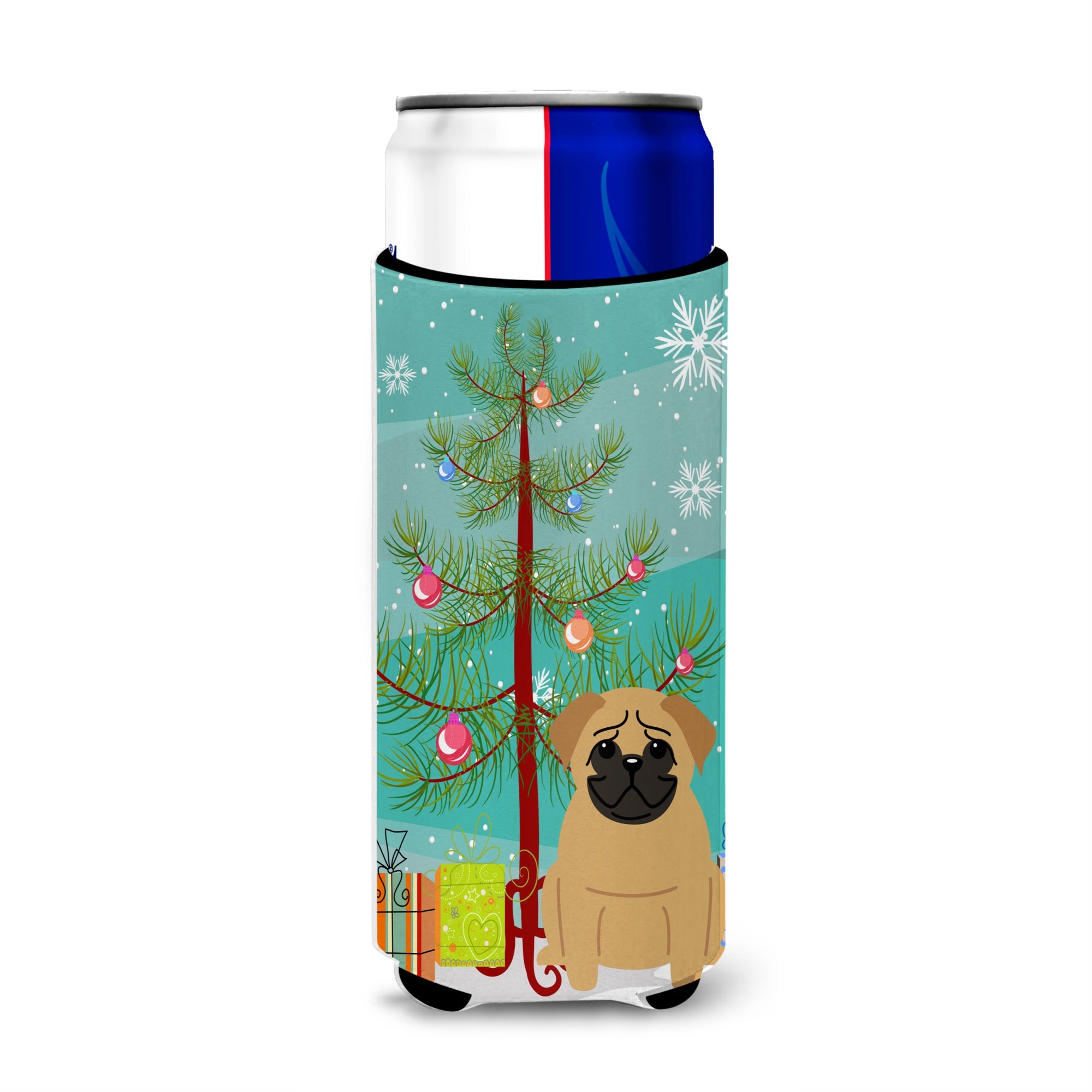 Caroline'S Treasures Bb4132Muk Merry Christmas Tree Pug Brown Michelob Ultra Hugger For Slim Cans, Multicolor