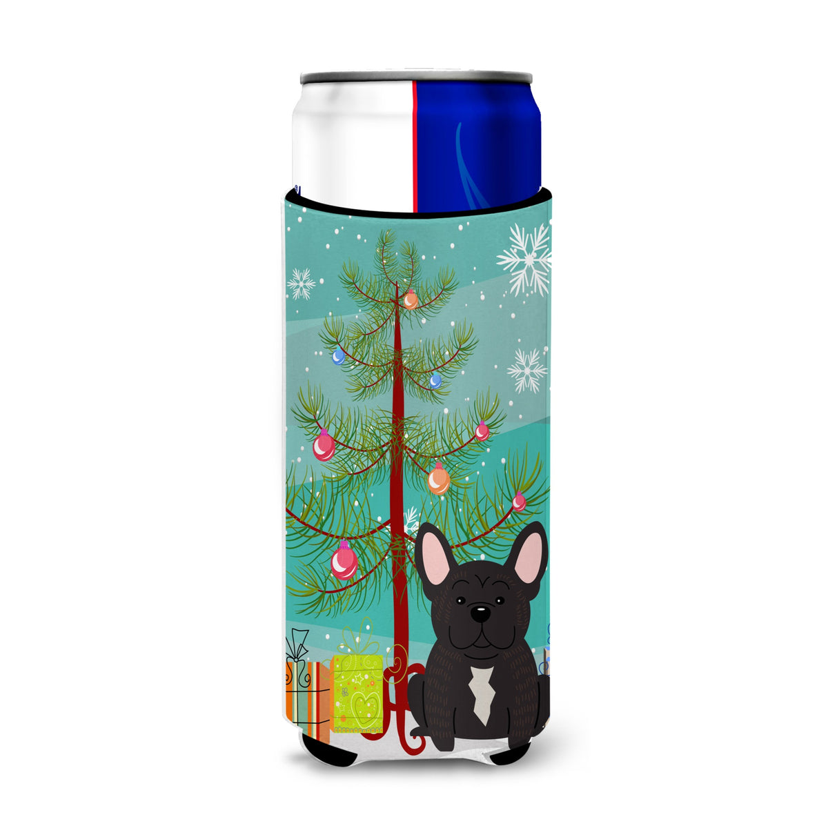 Caroline'S Treasures Bb4134Muk Merry Christmas Tree French Bulldog Brindle Michelob Ultra Hugger For Slim Cans, Multicolor