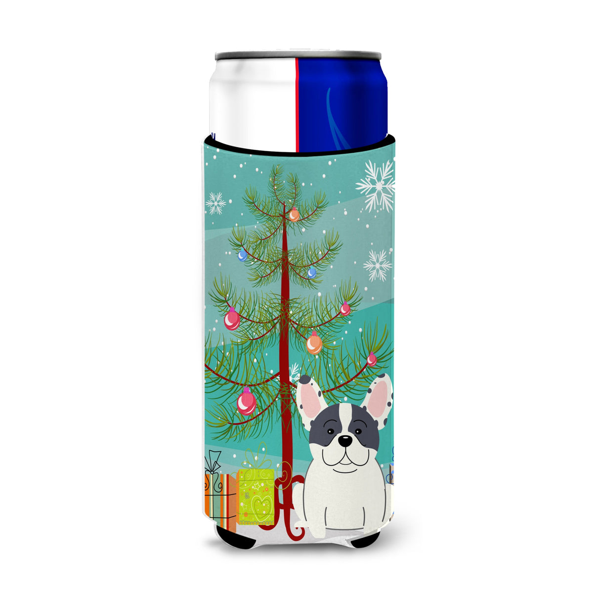 Caroline'S Treasures Bb4136Muk Merry Christmas Tree French Bulldog Piebald Michelob Ultra Hugger For Slim Cans, Multicolor