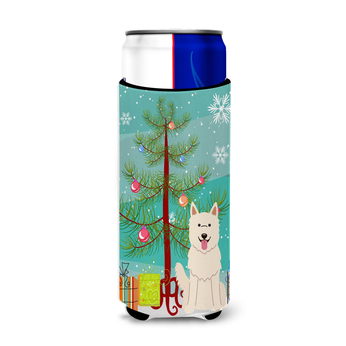 Caroline'S Treasures Bb4170Muk Merry Christmas Tree White German Shepherd Michelob Ultra Hugger For Slim Cans, Multicolor