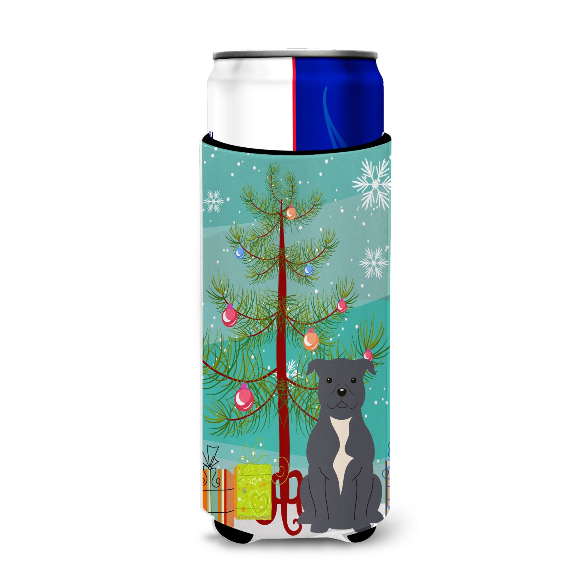 Caroline'S Treasures Bb4171Muk Merry Christmas Tree Staffordshire Bull Terrier Blue Michelob Ultra Hugger For Slim Cans, Multi