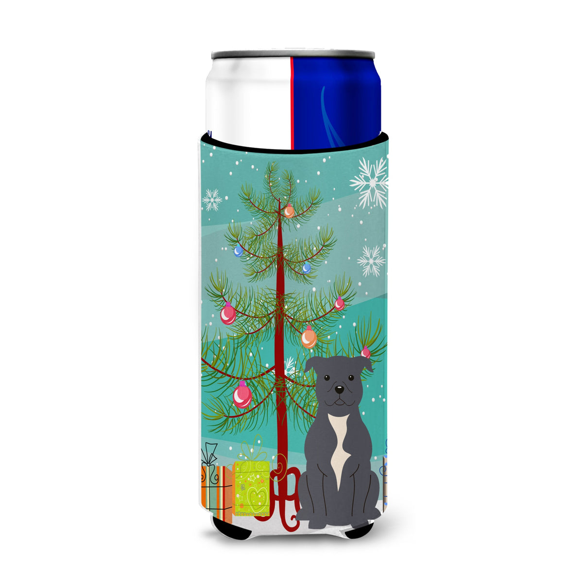 Caroline'S Treasures Bb4171Muk Merry Christmas Tree Staffordshire Bull Terrier Blue Michelob Ultra Hugger For Slim Cans, Multi