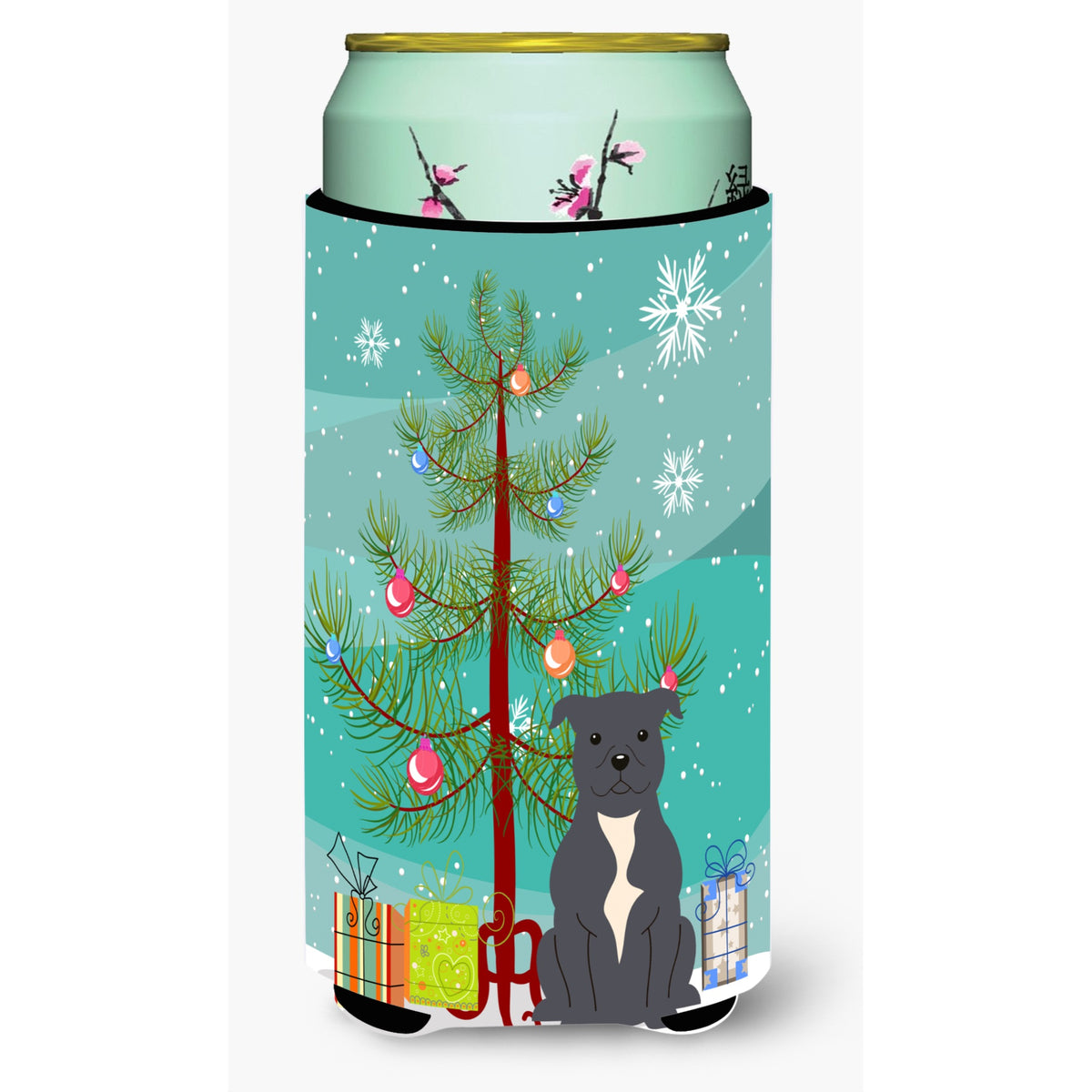 Caroline'S Treasures Merry Christmas Tree Staffordshire Bull Terrier Blue Tall Boy Beverage Insulator Hugger Bb4171Tbc, Multic