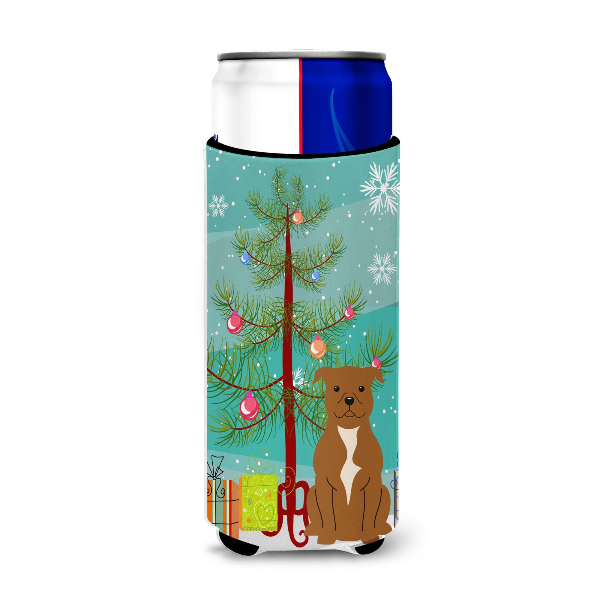 Caroline'S Treasures Bb4172Muk Merry Christmas Tree Staffordshire Bull Terrier Brown Michelob Ultra Hugger For Slim Cans, Mult