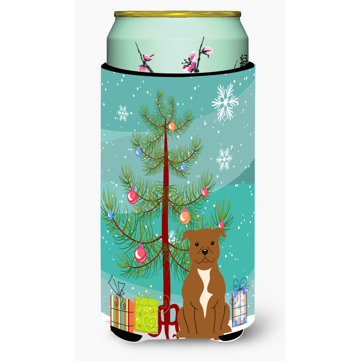 Caroline'S Treasures Merry Christmas Tree Staffordshire Bull Terrier Brown Tall Boy Beverage Insulator Hugger Bb4172Tbc, Multi