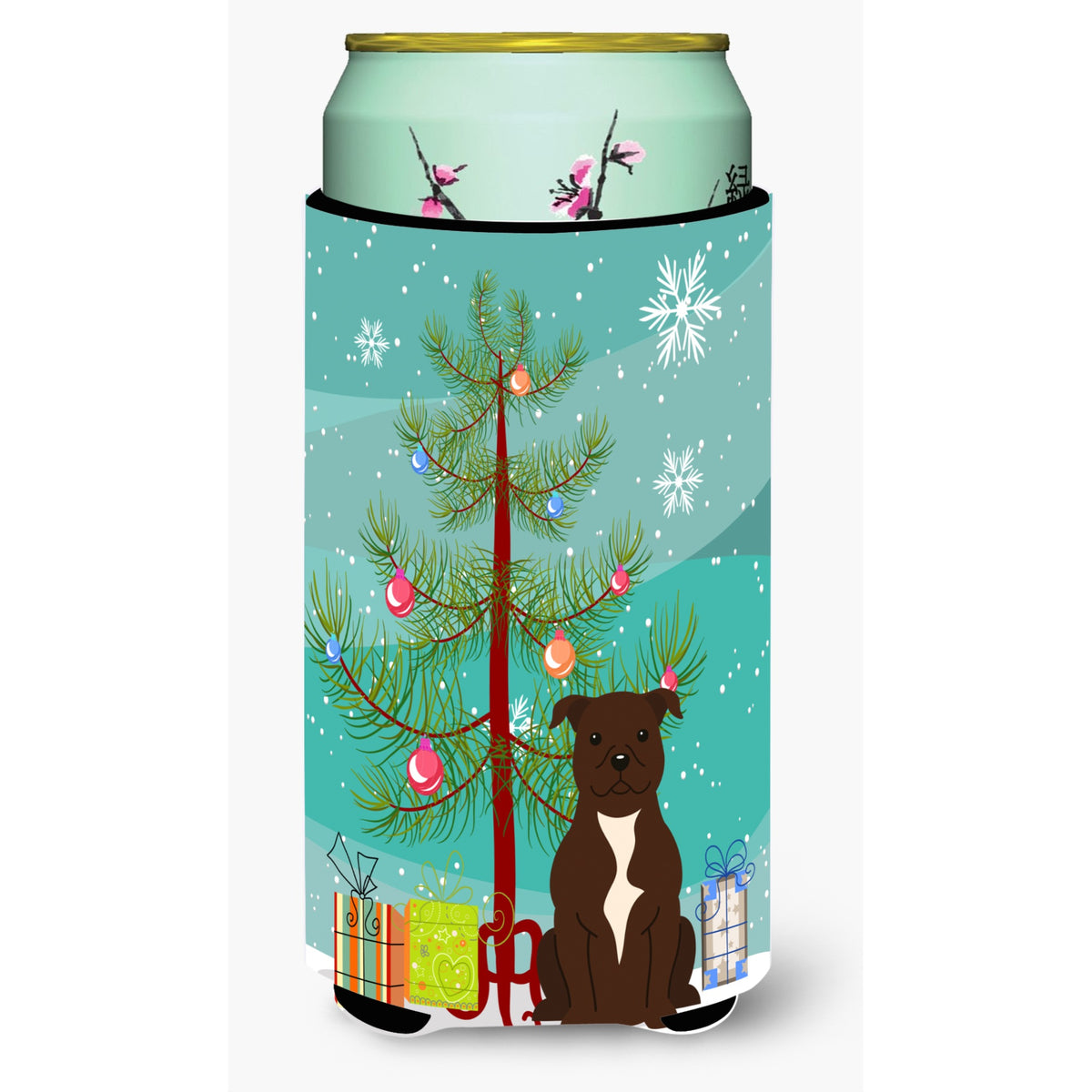 Caroline'S Treasures Merry Christmas Tree Staffordshire Bull Terrier Chocolate Tall Boy Beverage Insulator Hugger Bb4173Tbc, M