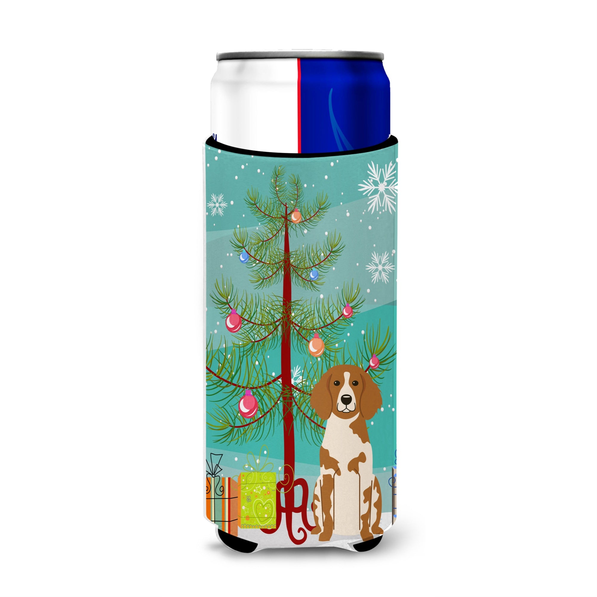 Caroline'S Treasures Bb4197Muk Merry Christmas Tree Brittany Spaniel Michelob Ultra Hugger For Slim Cans, Multicolor