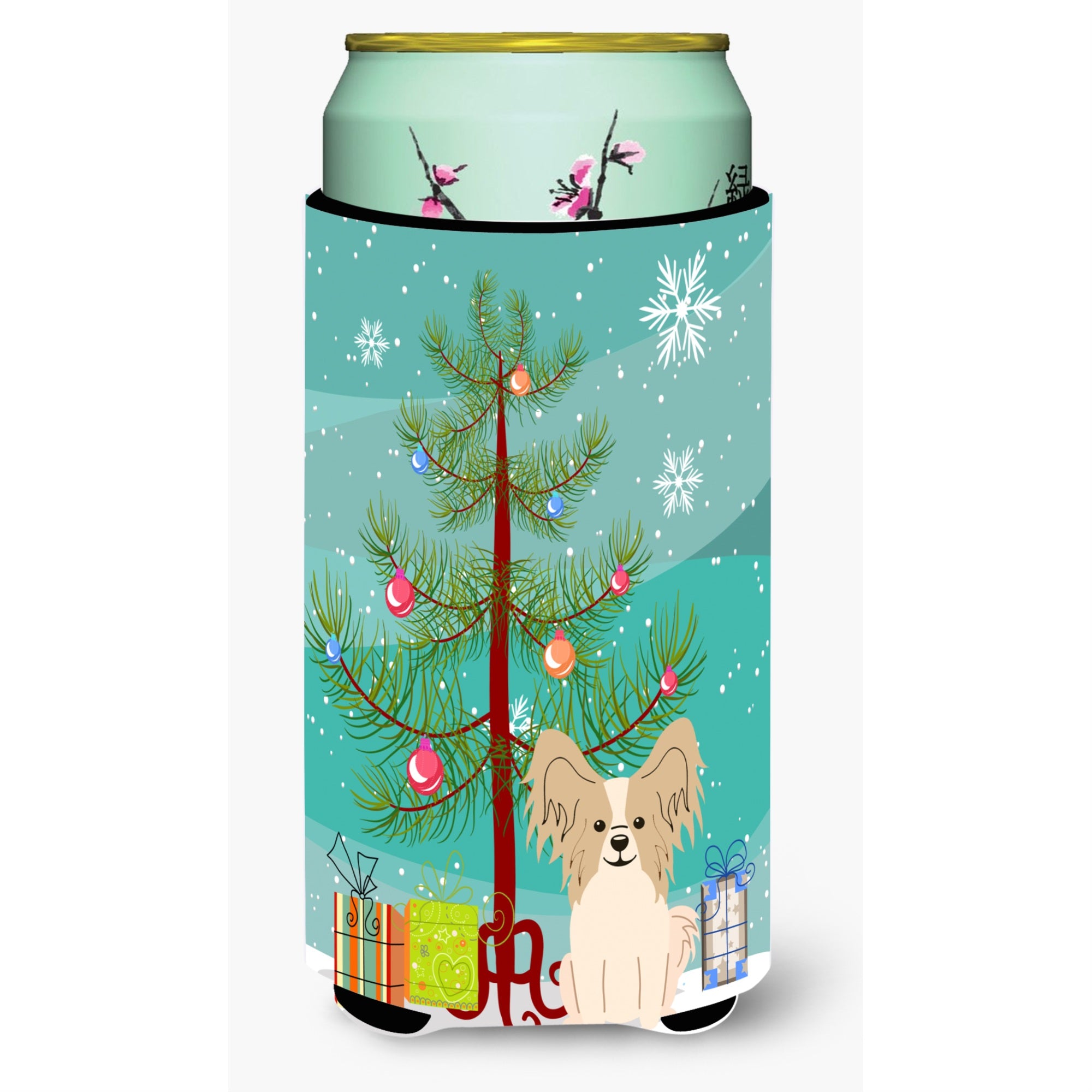 Caroline'S Treasures Merry Christmas Tree Papillon Sable White Tall Boy Beverage Insulator Hugger Bb4202Tbc, Multicolor