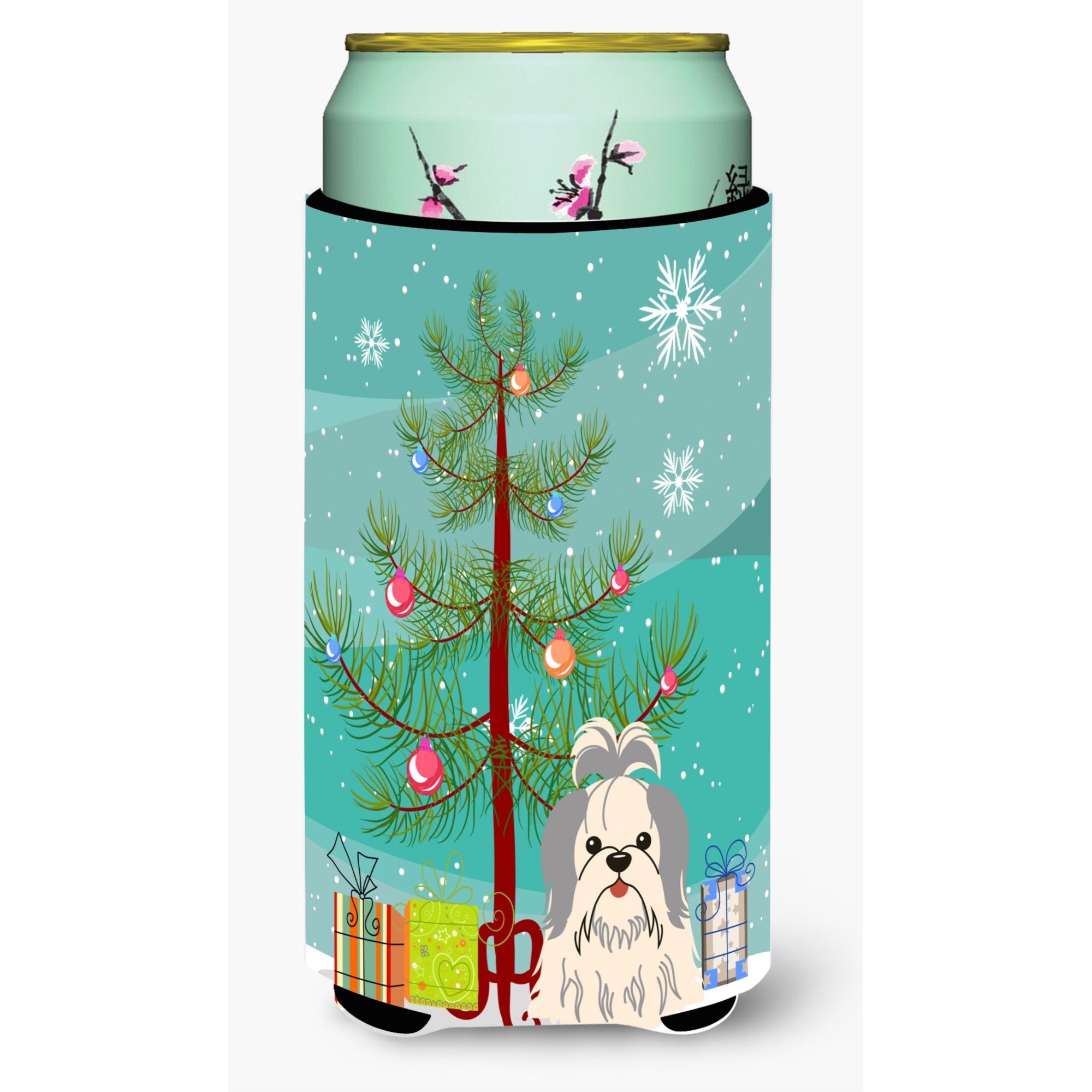 Caroline'S Treasures Merry Christmas Tree Shih Tzu Silver White Tall Boy Beverage Insulator Hugger Bb4210Tbc, Multicolor