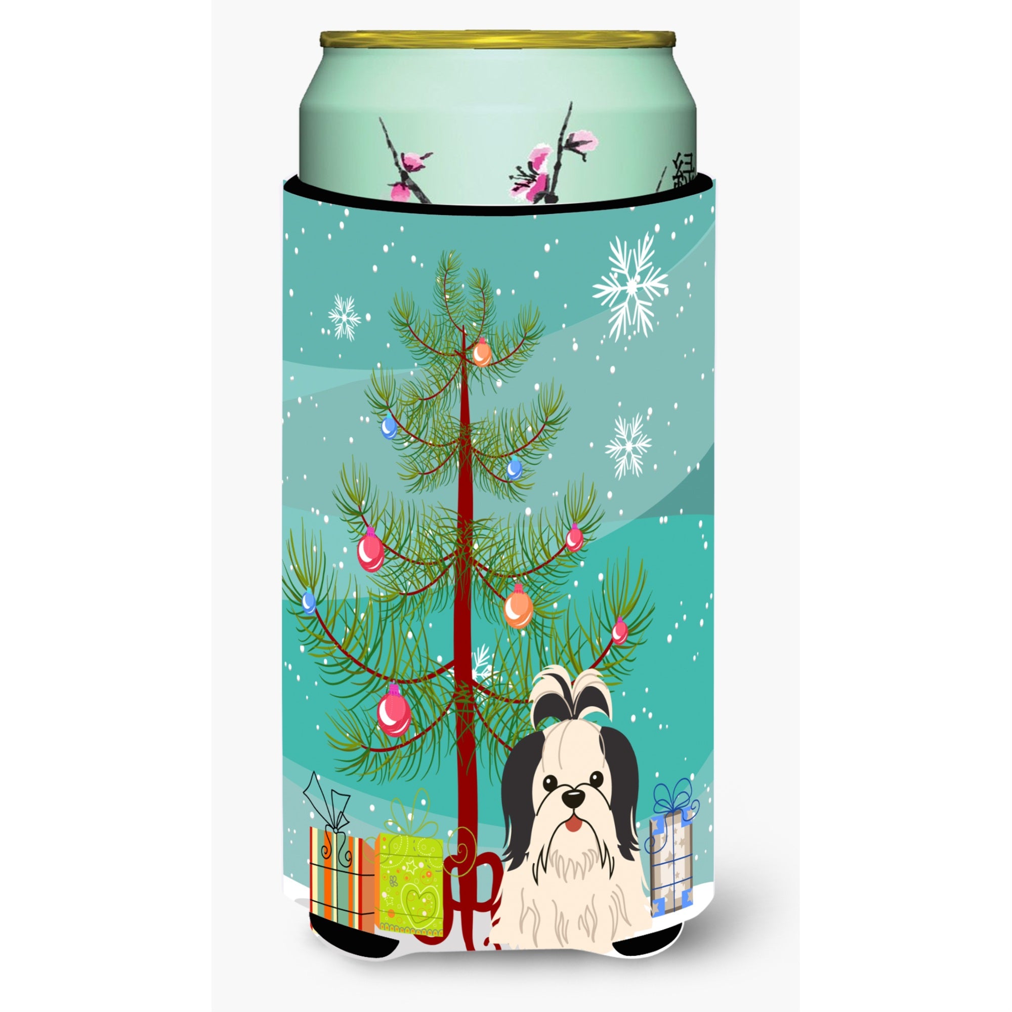 Caroline'S Treasures Merry Christmas Tree Shih Tzu Black White Tall Boy Beverage Insulator Hugger Bb4213Tbc, Multicolor