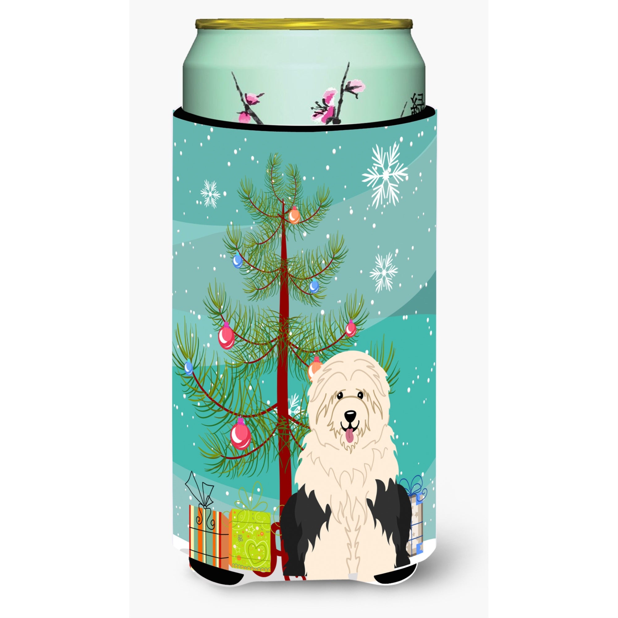 Caroline'S Treasures Merry Christmas Tree Old English Sheepdog Tall Boy Beverage Insulator Hugger Bb4221Tbc, Multicolor