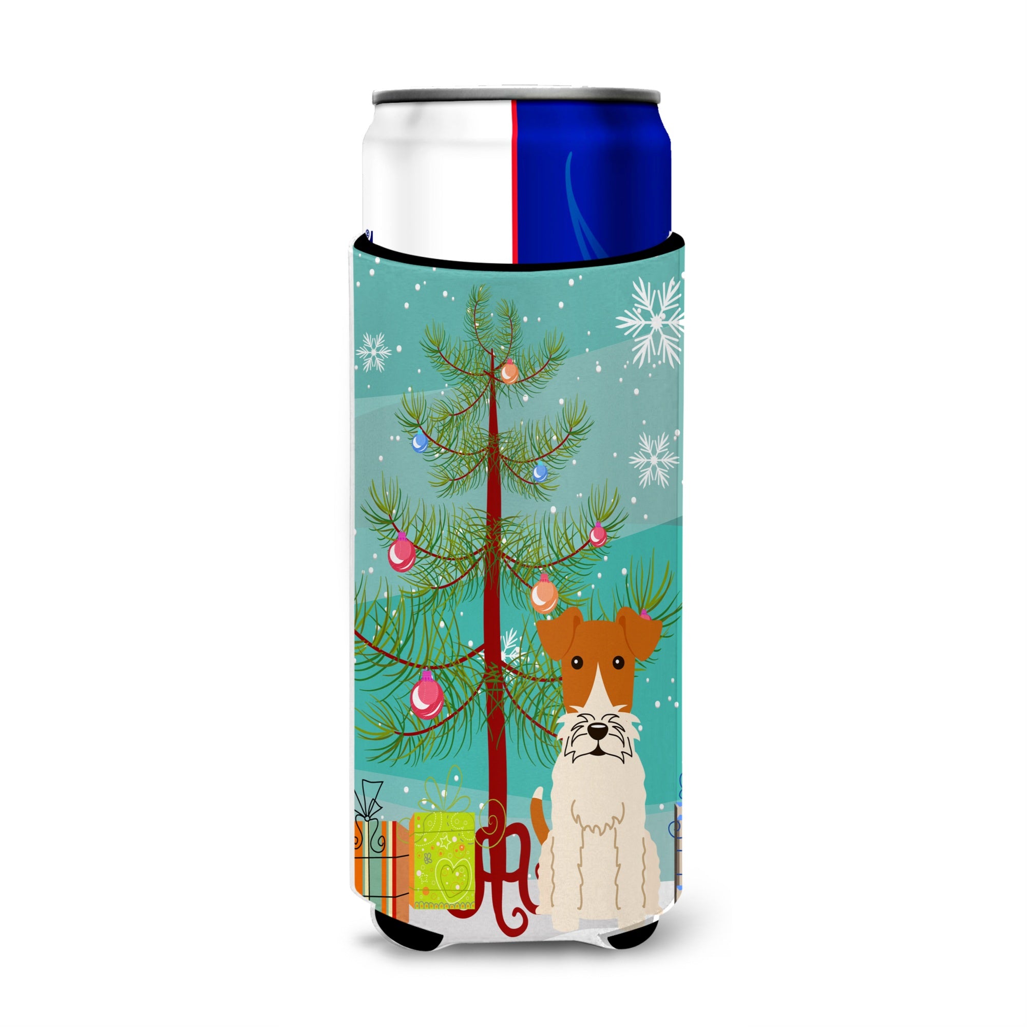 Caroline'S Treasures Bb4226Muk Merry Christmas Tree Wire Fox Terrier Michelob Ultra Hugger For Slim Cans, Multicolor
