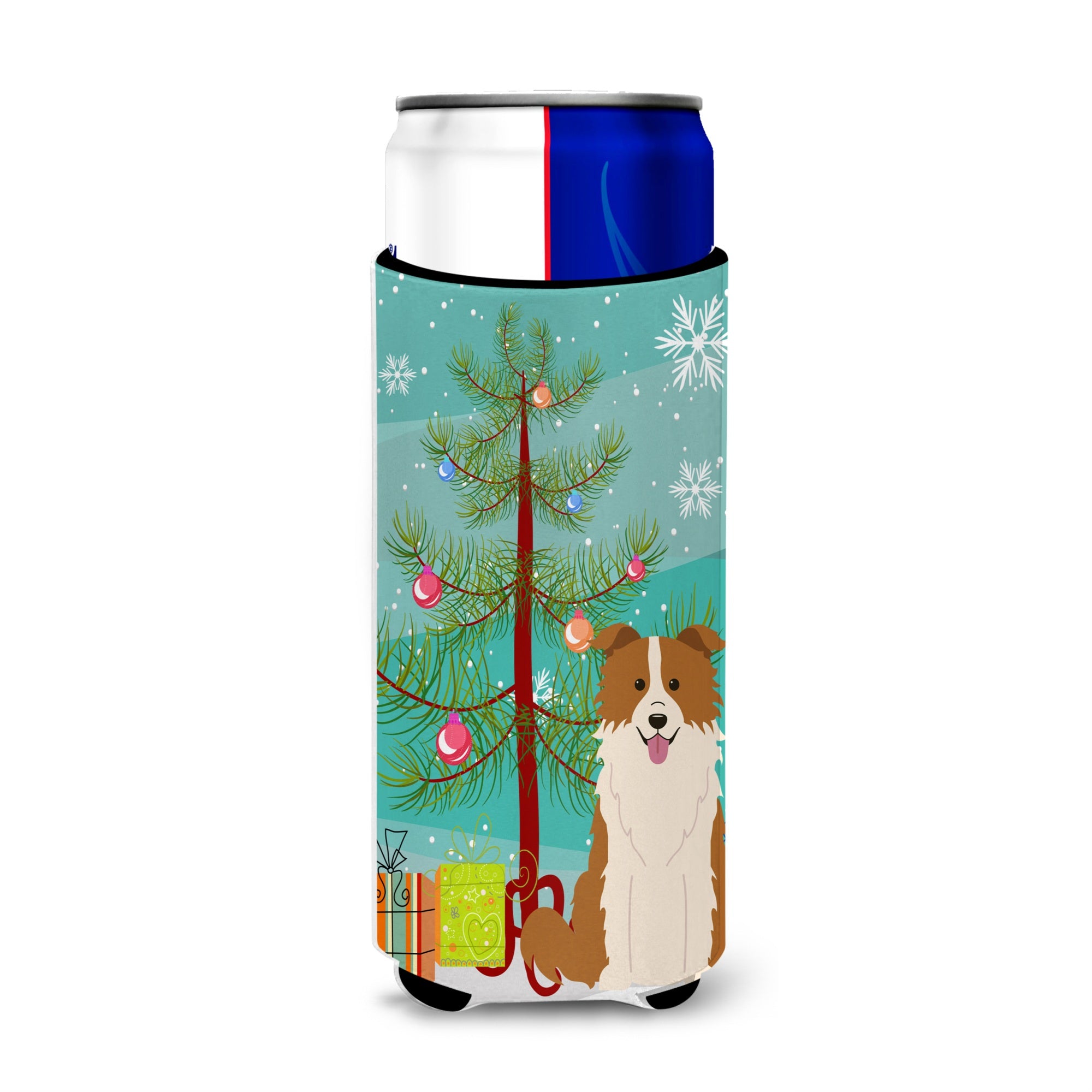 Caroline'S Treasures Bb4244Muk Merry Christmas Tree Border Collie Red White Michelob Ultra Hugger For Slim Cans, Multicolor