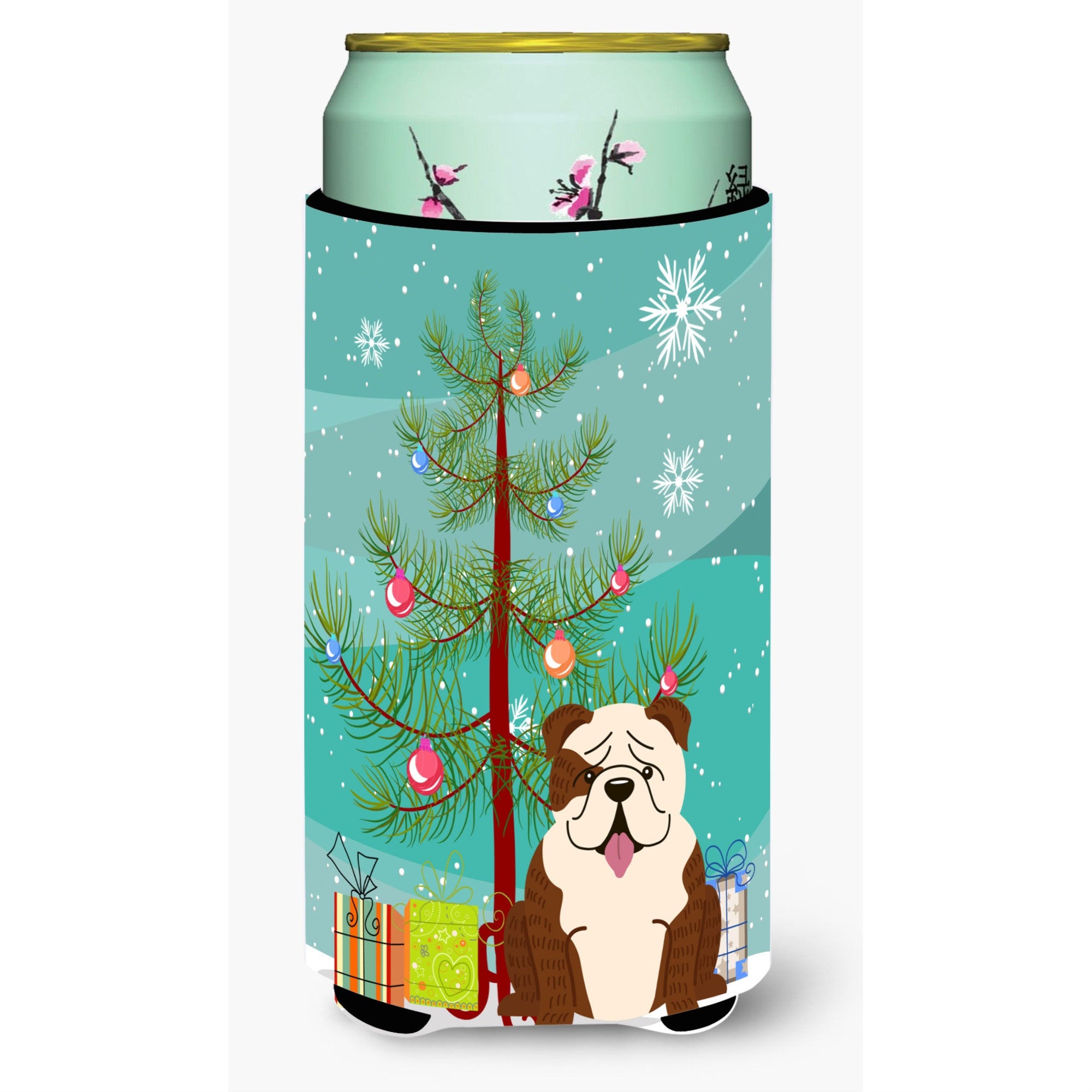 Caroline'S Treasures Merry Christmas Tree English Bulldog Brindle White Tall Boy Beverage Insulator Hugger Bb4246Tbc, Multicol