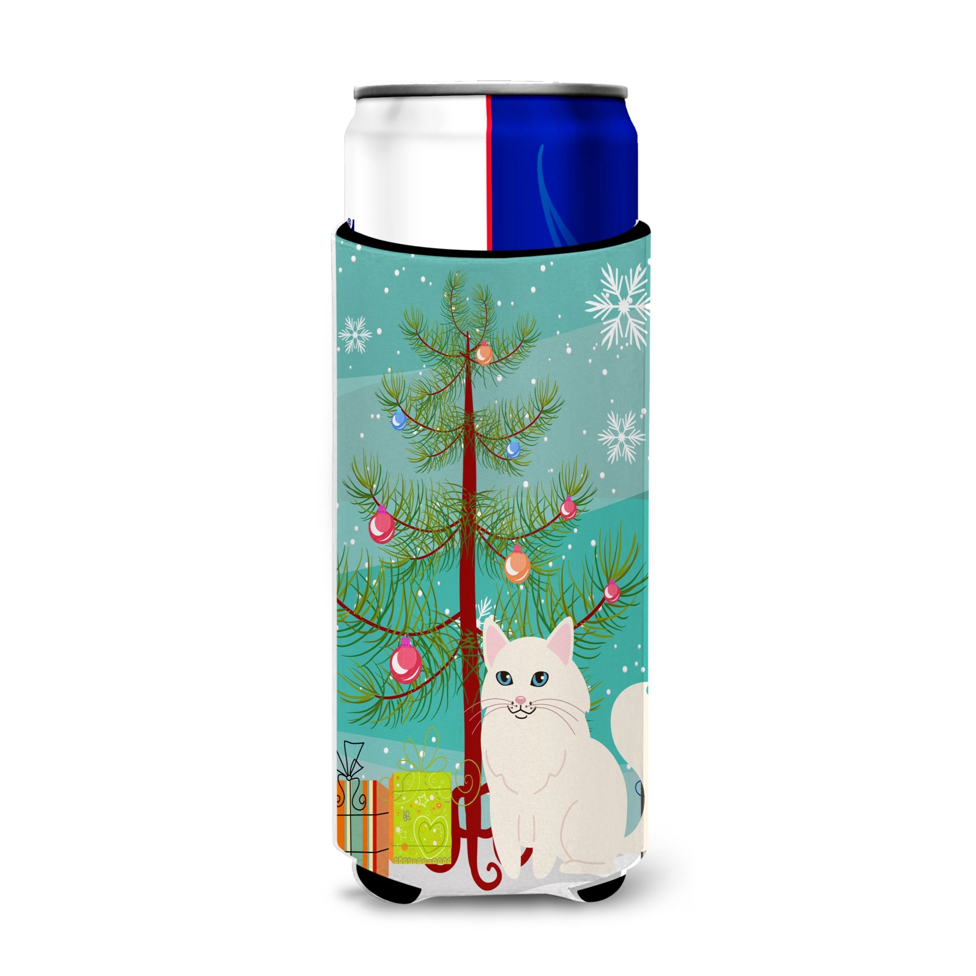 Caroline'S Treasures Turkish Angora Cat Merry Christmas Tree Michelob Ultra Hugger For Slim Cans, Slim Can, Multicolor