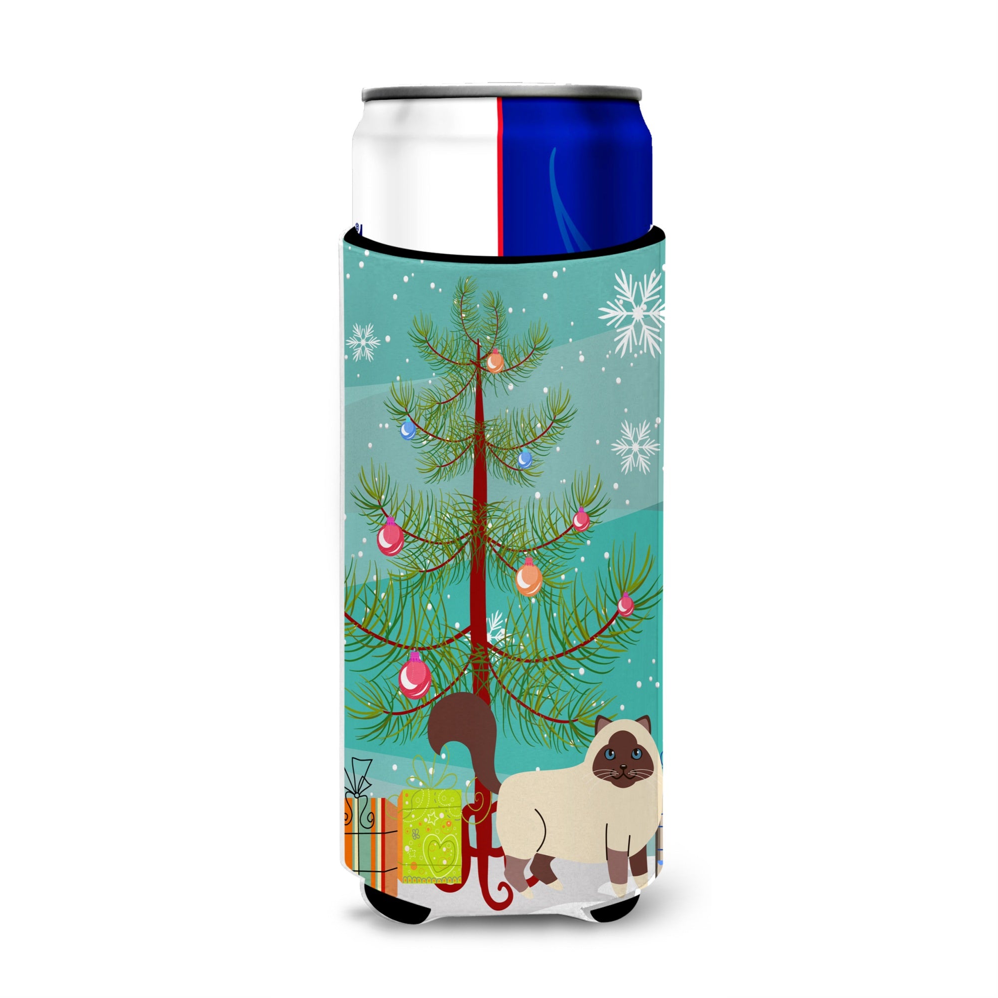 Caroline'S Treasures Birman Cat Merry Christmas Tree Michelob Ultra Hugger For Slim Cans, Slim Can, Multicolor
