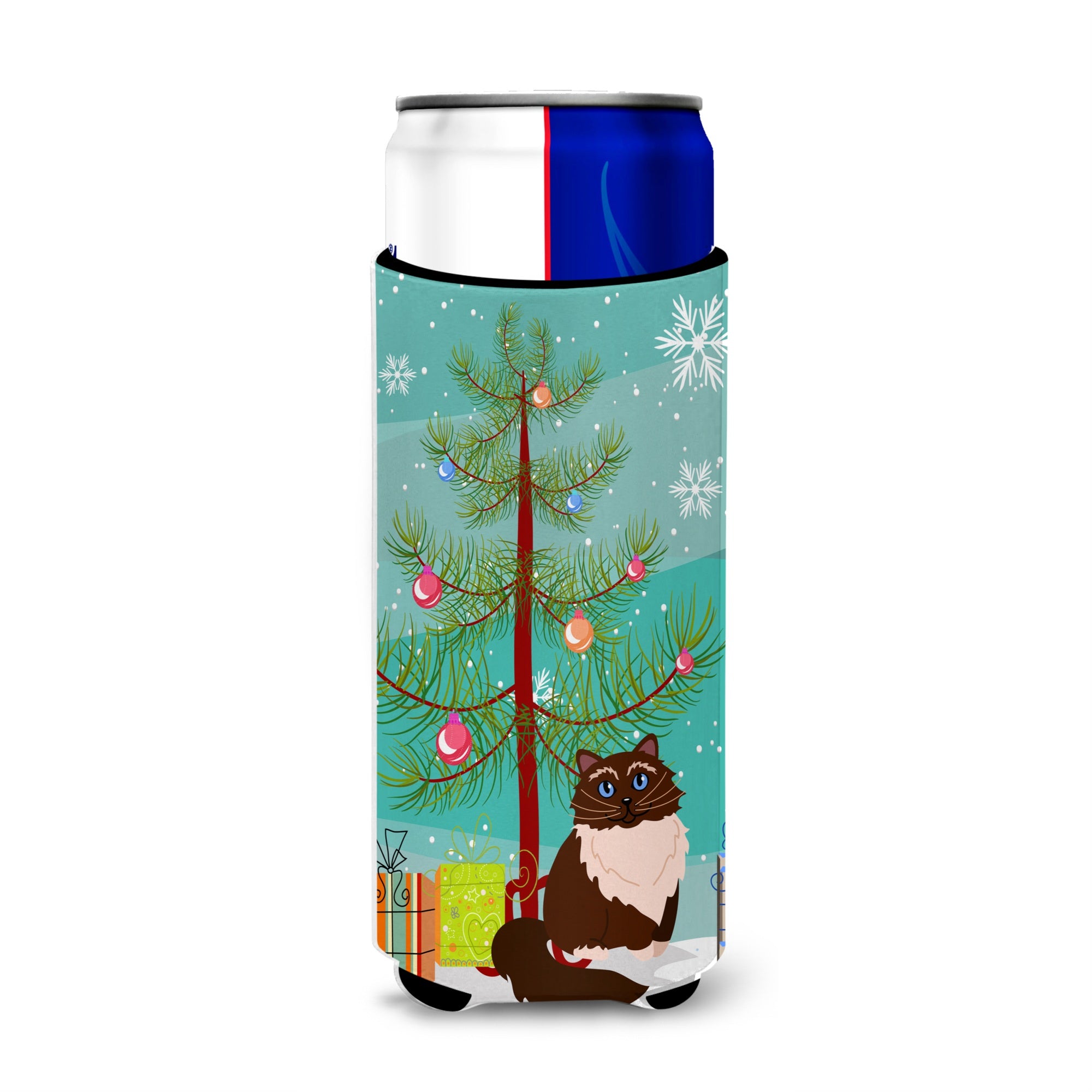 Caroline'S Treasures Himalayan Cat Merry Christmas Tree Michelob Ultra Hugger For Slim Cans, Slim Can, Multicolor