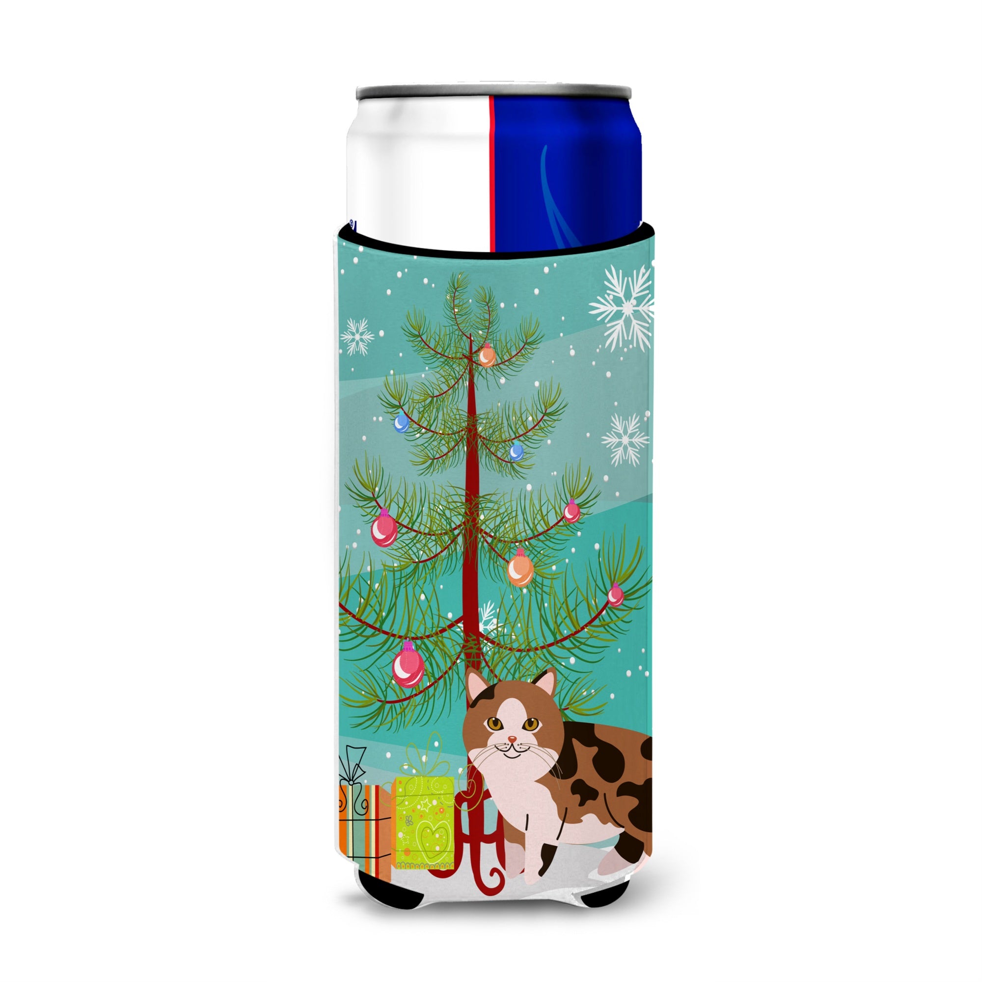 Caroline'S Treasures Manx Cat Merry Christmas Tree Michelob Ultra Hugger For Slim Cans, Slim Can, Multicolor