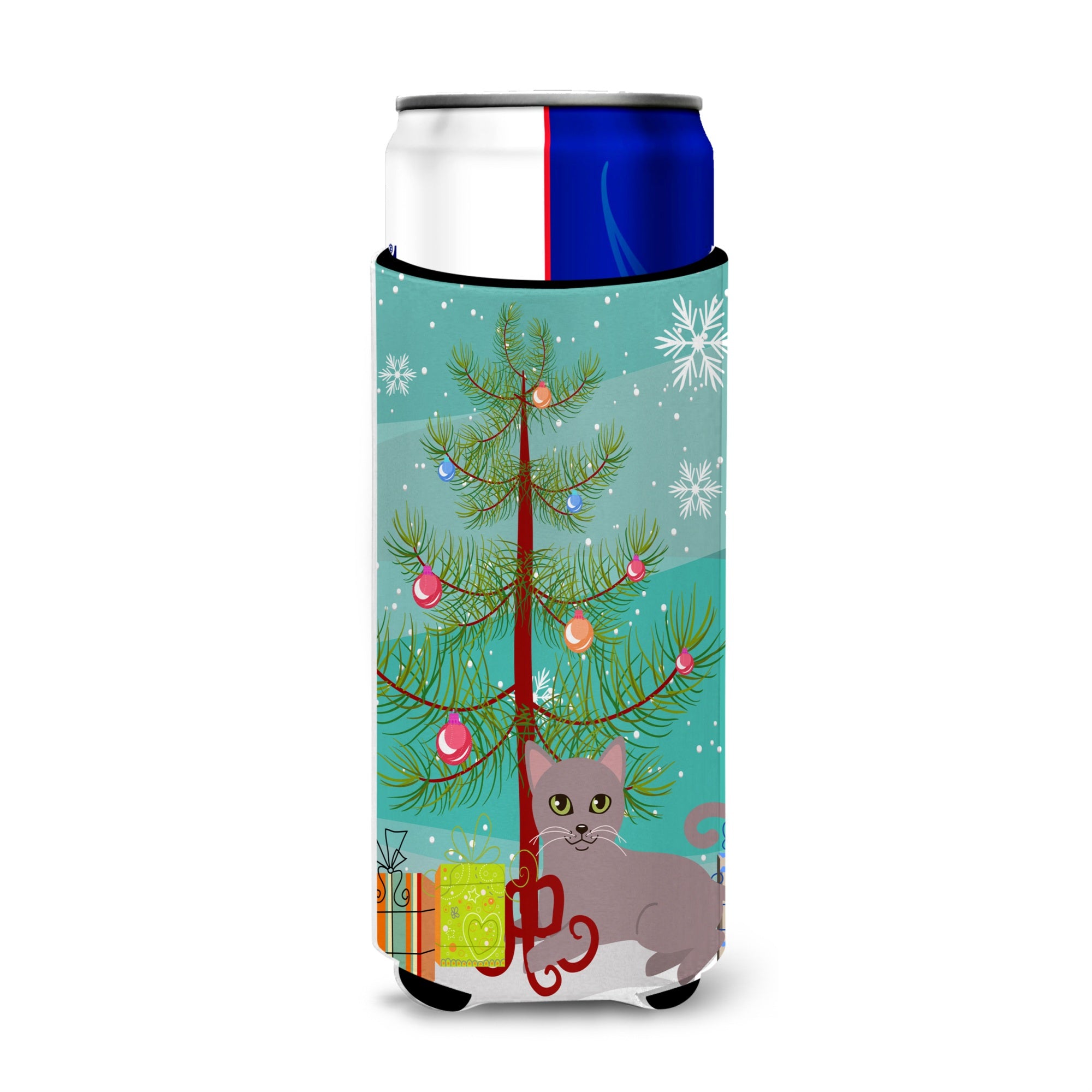 Caroline'S Treasures Russian Blue Cat Merry Christmas Tree Michelob Ultra Hugger For Slim Cans, Slim Can, Multicolor